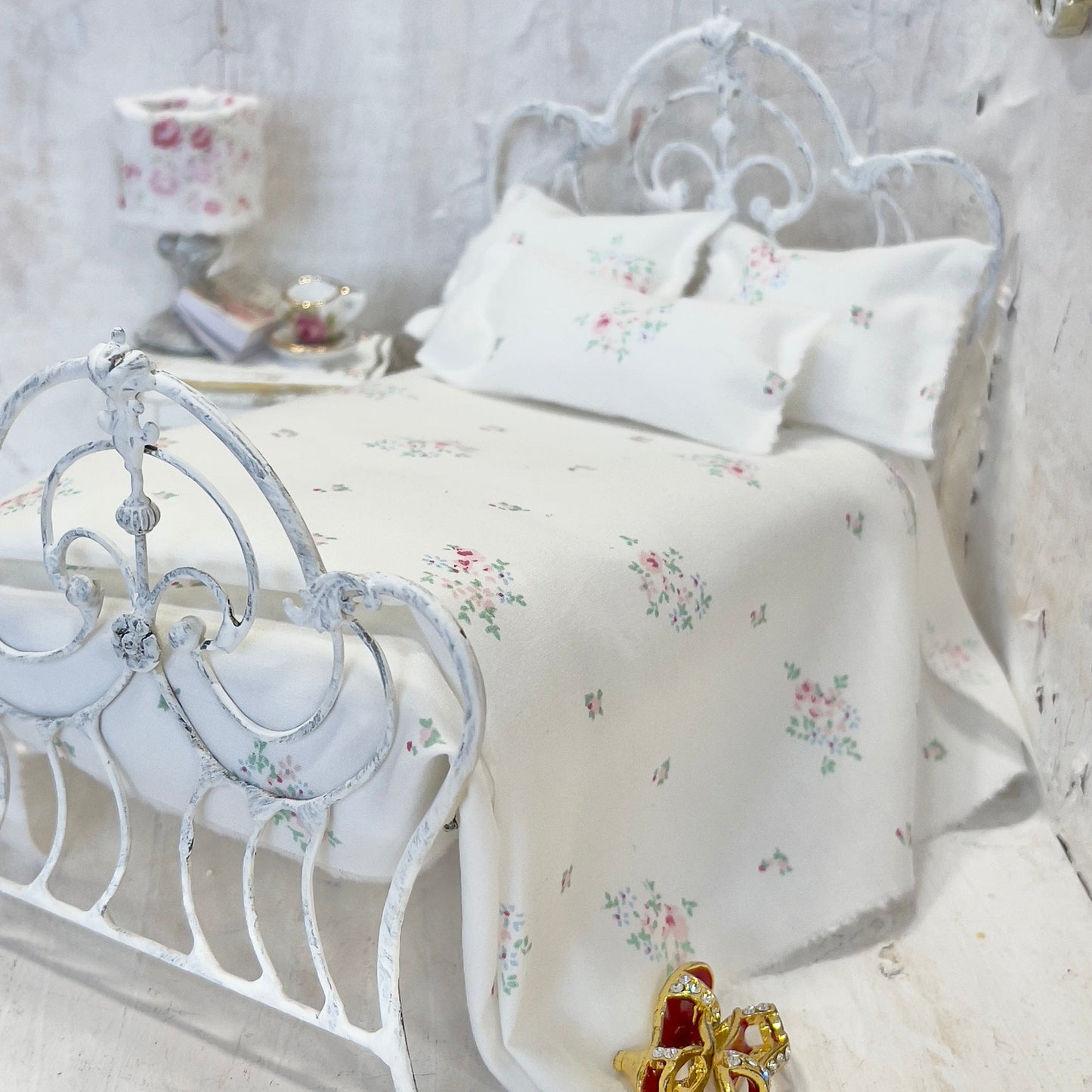 Chantallena Doll House Bedding Simply Lena | Five Piece Pink and Blue Clustered Florals on White Cotton Bedding Set |