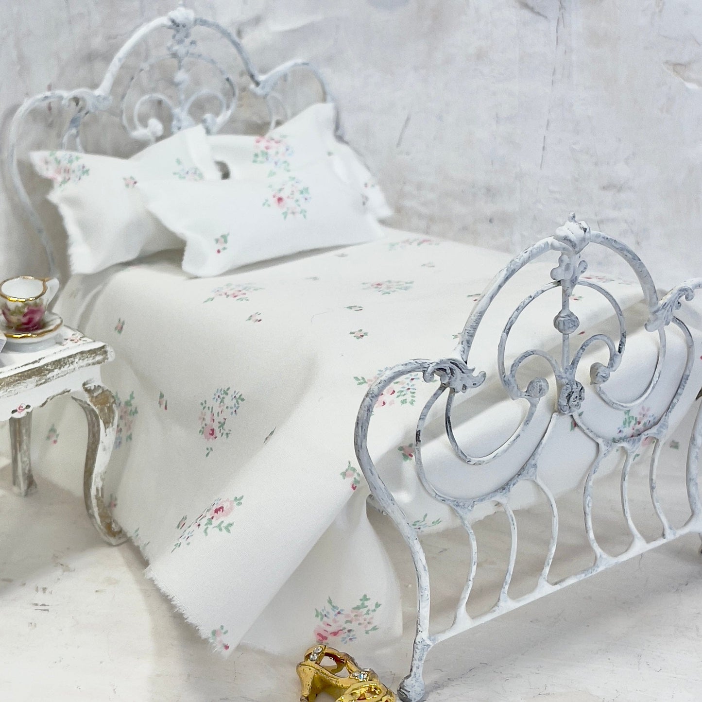 Chantallena Doll House Bedding Simply Lena | Five Piece Pink and Blue Clustered Florals on White Cotton Bedding Set |