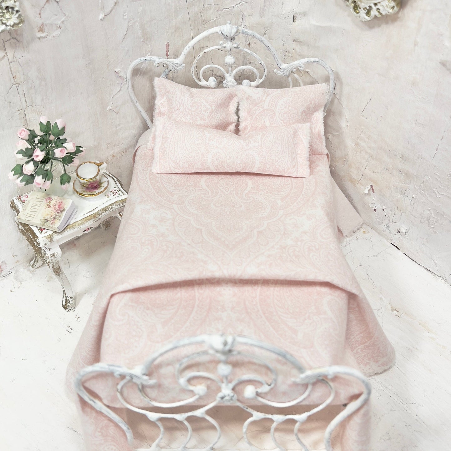 Chantallena Doll House Bedding Simply Lena | Five Piece Pink and White Damask Cotton Bedding Set |