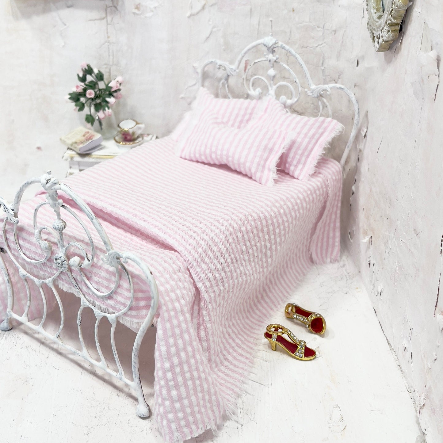 Chantallena Doll House Bedding Simply Lena | Five Piece Pink and White Seersucker Cotton Bedding Set |