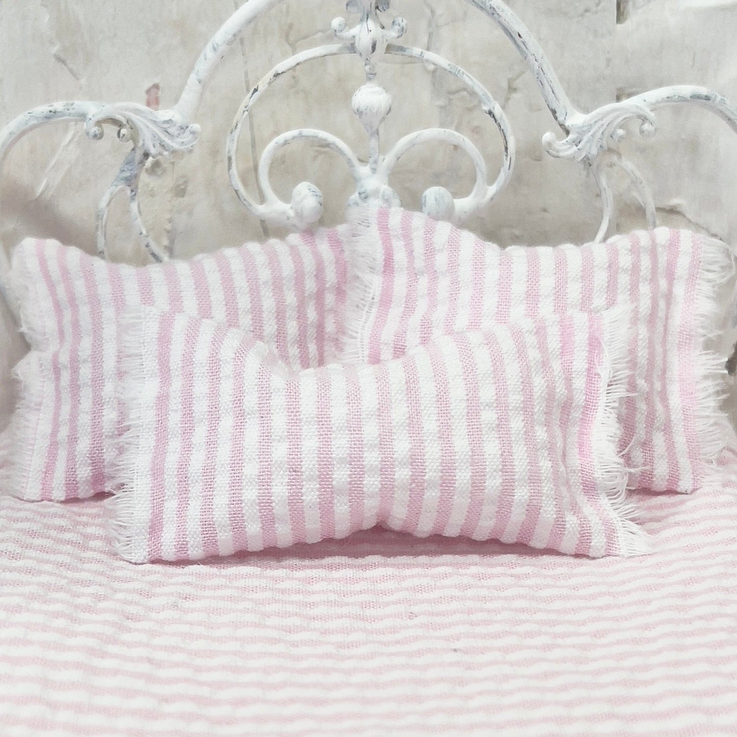 Chantallena Doll House Bedding Simply Lena | Five Piece Pink and White Seersucker Cotton Bedding Set |