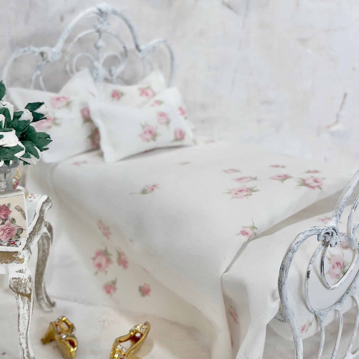 Chantallena Doll House Bedding Simply Lena | Five Piece Pink Clustered Roses on White Cotton Bedding Set |