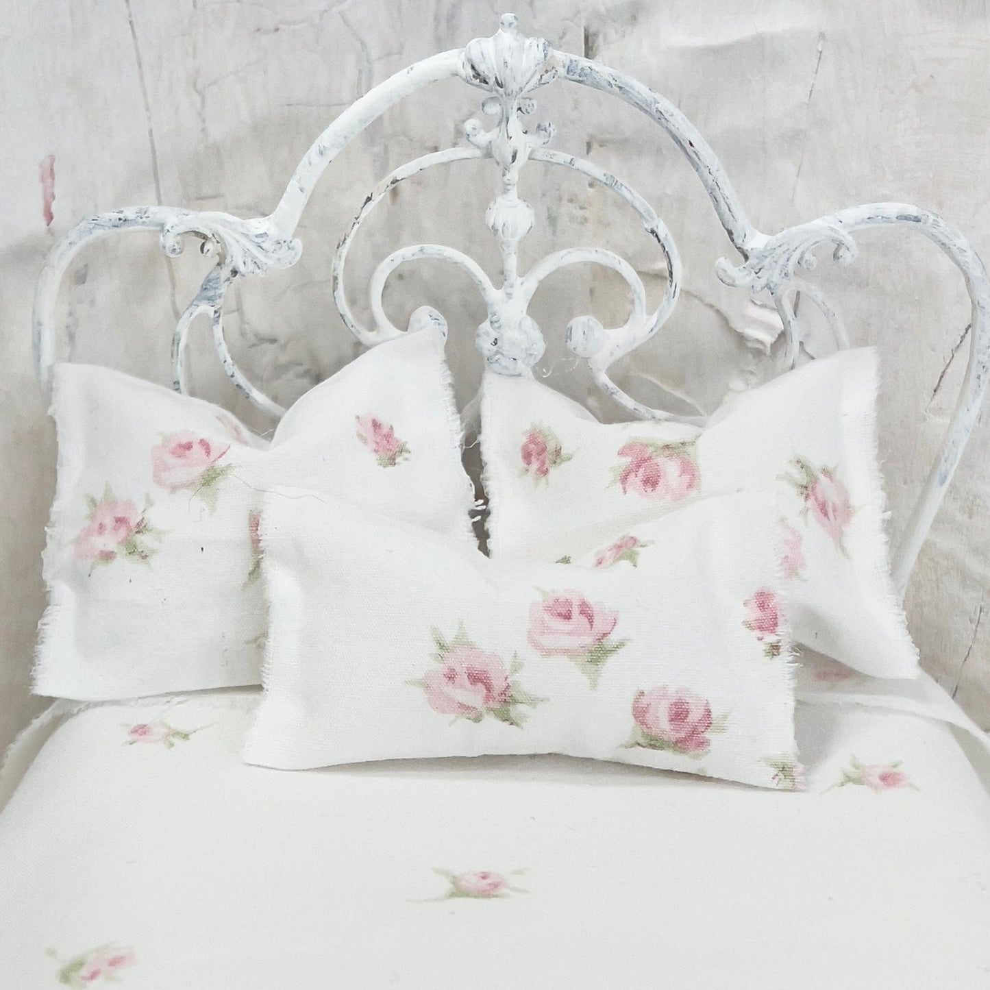 Chantallena Doll House Bedding Simply Lena | Five Piece Pink Clustered Roses on White Cotton Bedding Set |