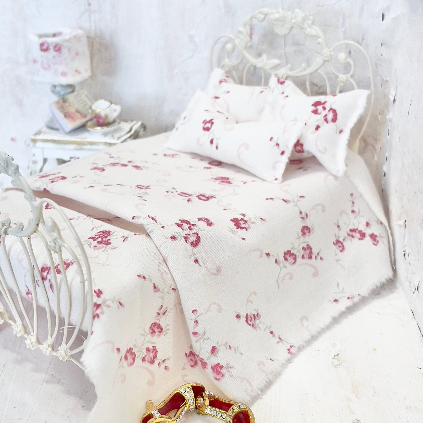 Chantallena Doll House Bedding Simply Lena | Five Piece Pink Roses on Off White Cotton Bedding Set |