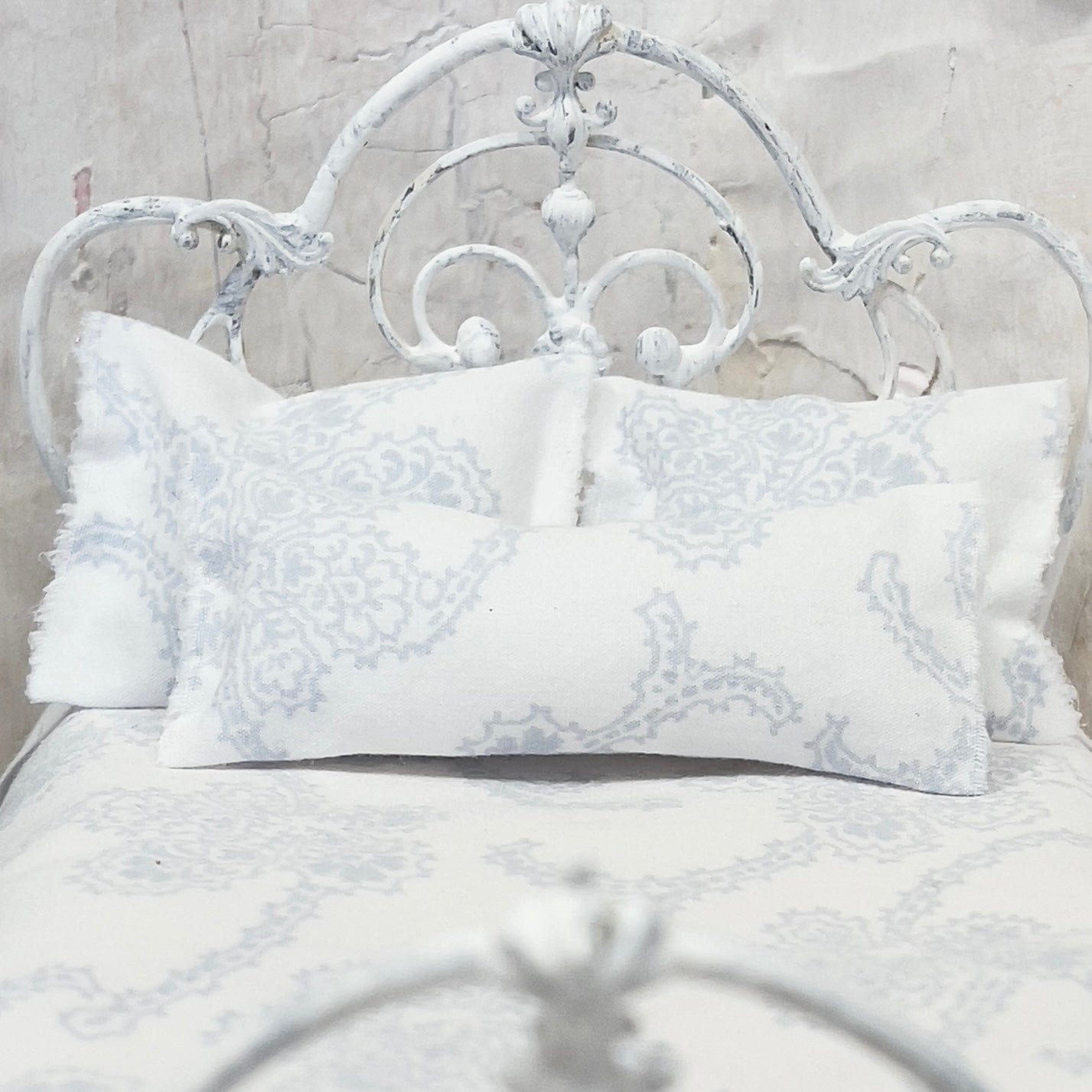 Chantallena Doll House Bedding Simply Lena | Five Piece Shabby Blue Watermarks on White Cotton Bedding Set |