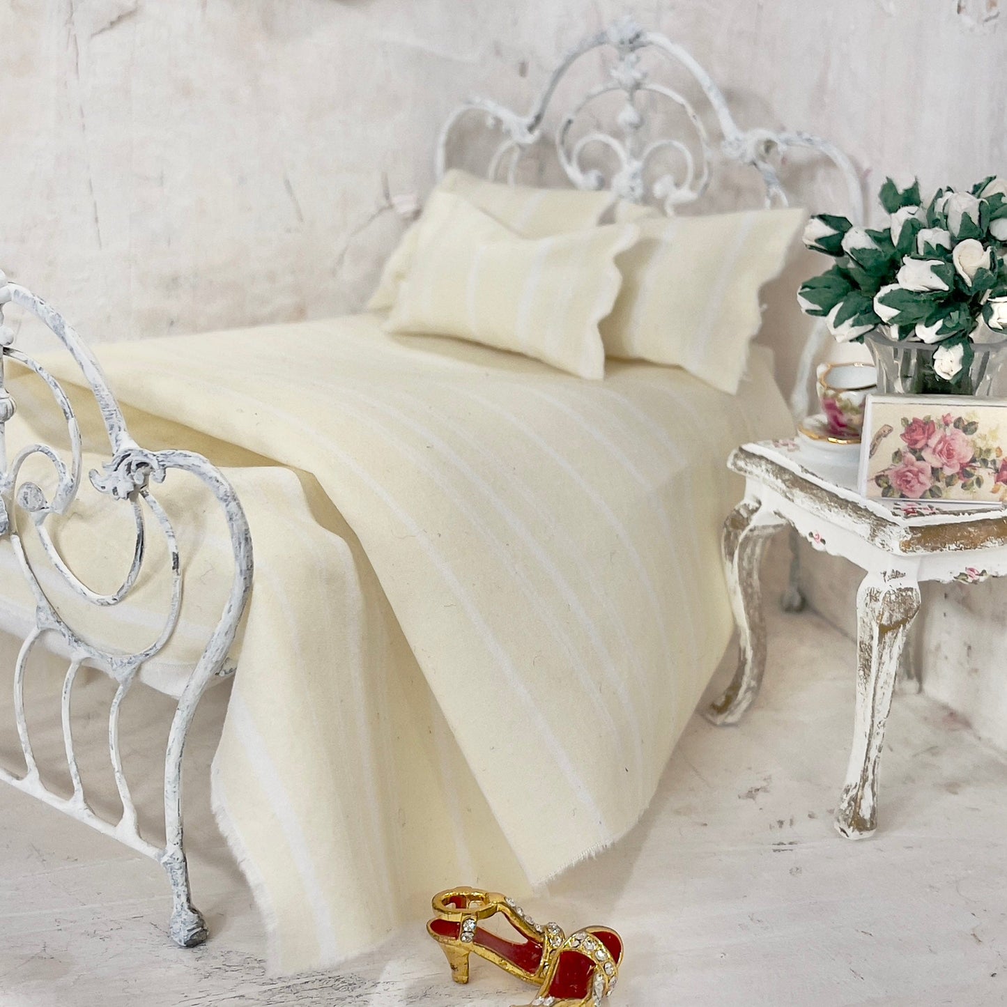 Chantallena Doll House Bedding Simply Lena | Five Piece Shabby Yellow and White Striped Cotton Bedding Set |