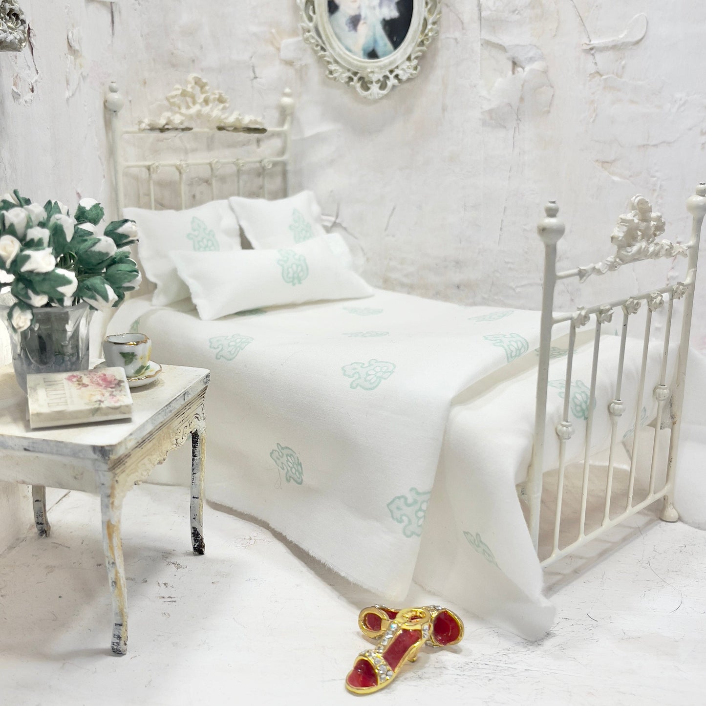 Chantallena Doll House Bedding Simply Lena | Five Piece White and Mint Blossoms Cotton Bedding Set |