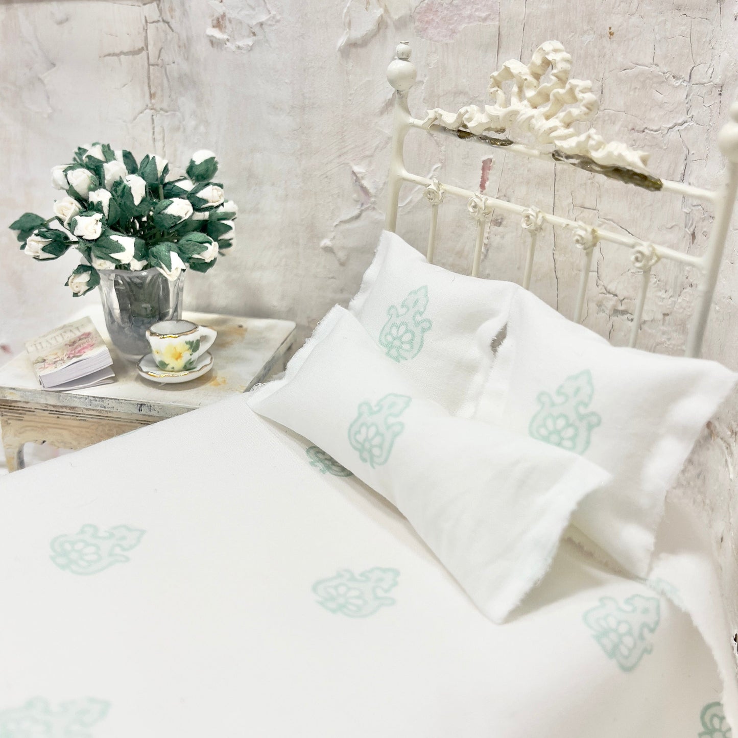Chantallena Doll House Bedding Simply Lena | Five Piece White and Mint Blossoms Cotton Bedding Set |
