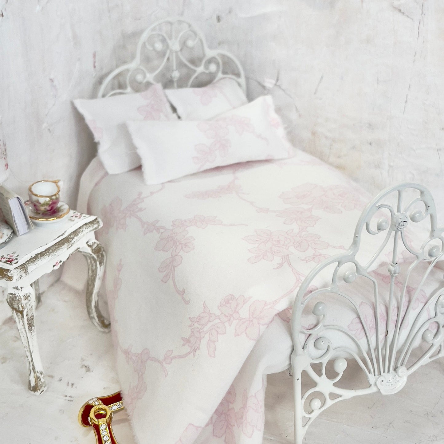 Chantallena Doll House Bedding Simply Lena | Five Piece White Cotton with Pink Climbing Roses Bedding Set |