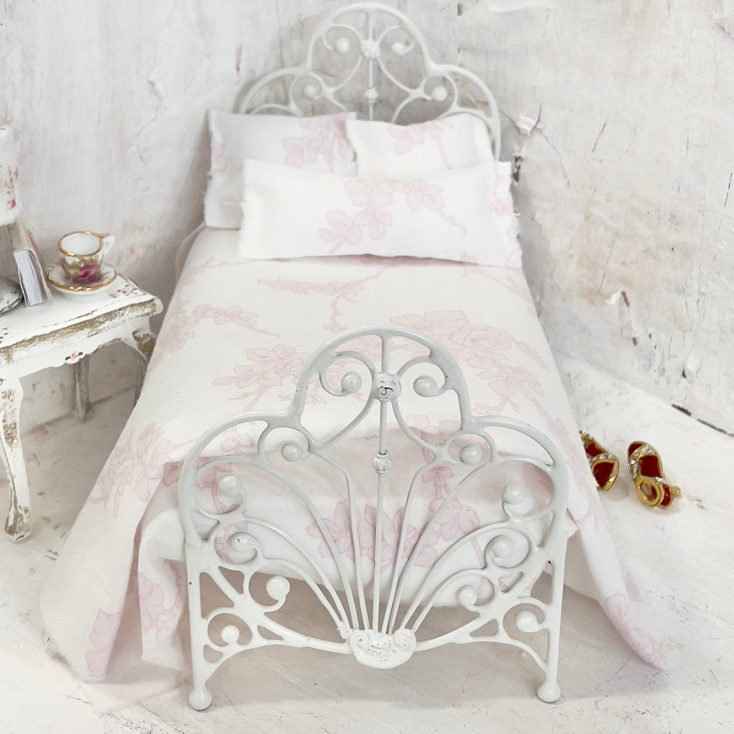Chantallena Doll House Bedding Simply Lena | Five Piece White Cotton with Pink Climbing Roses Bedding Set |