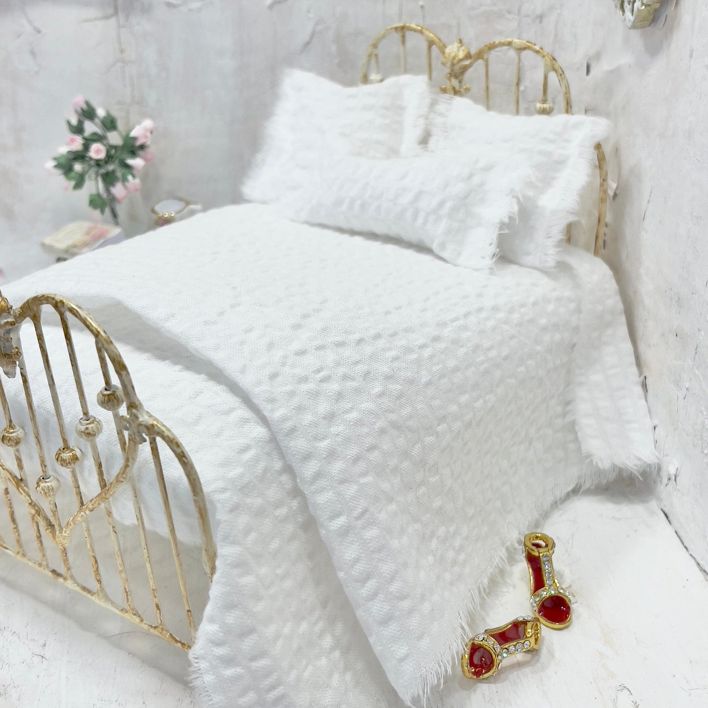 Chantallena Doll House Bedding Simply Lena | Five Piece White Seersucker Cotton Bedding Set |