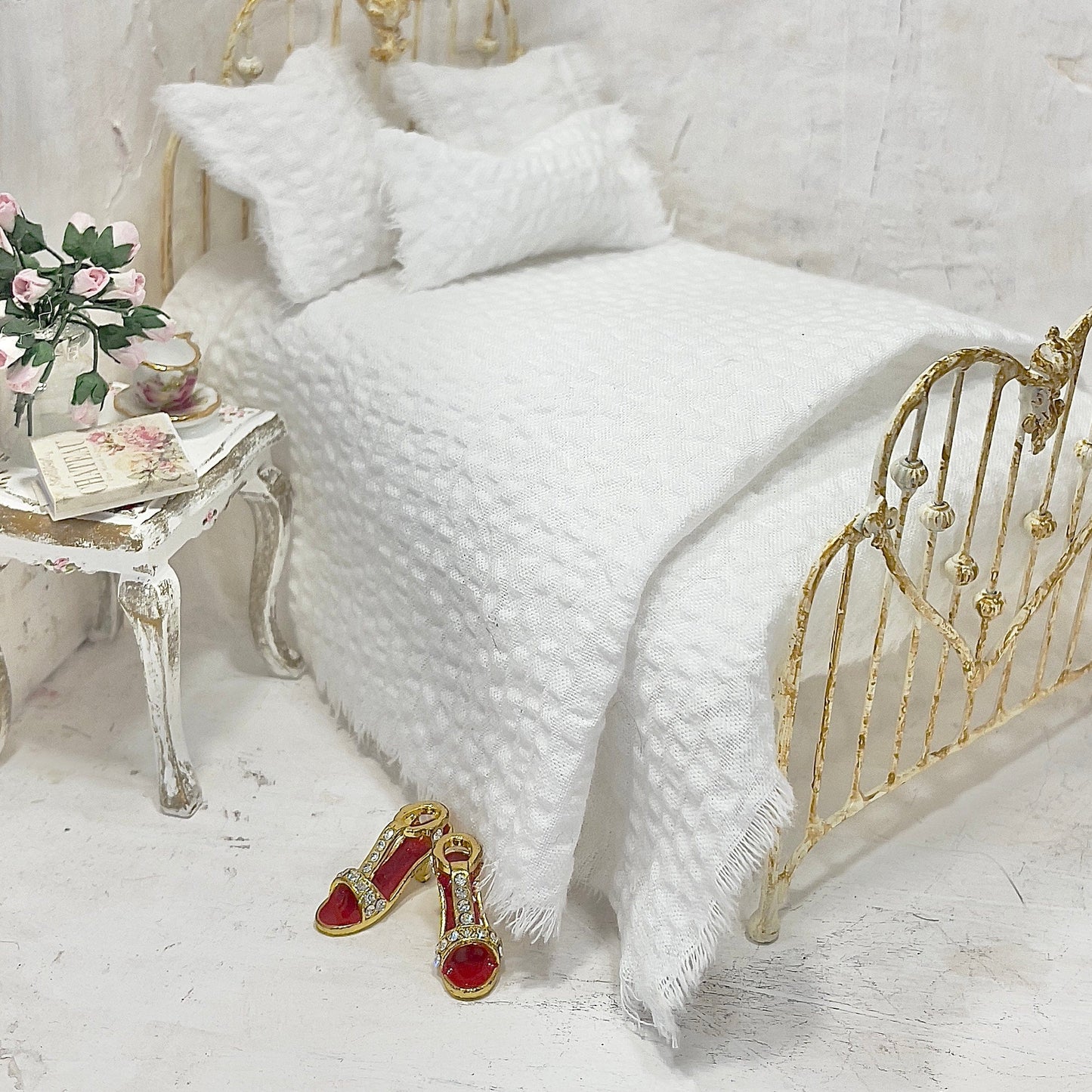 Chantallena Doll House Bedding Simply Lena | Five Piece White Seersucker Cotton Bedding Set |