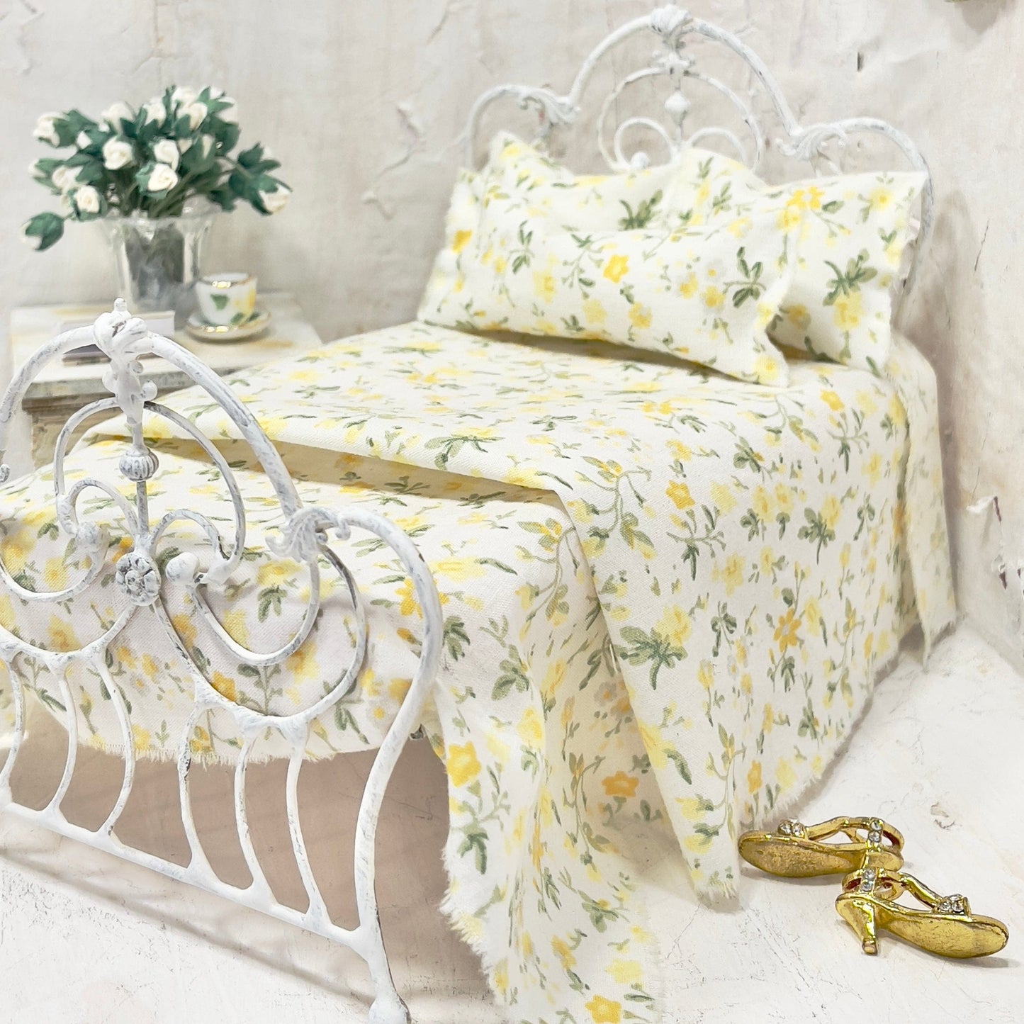Chantallena Doll House Bedding Simply Lena | Five Piece Yellow and Green Floral Cotton Bedding Set |