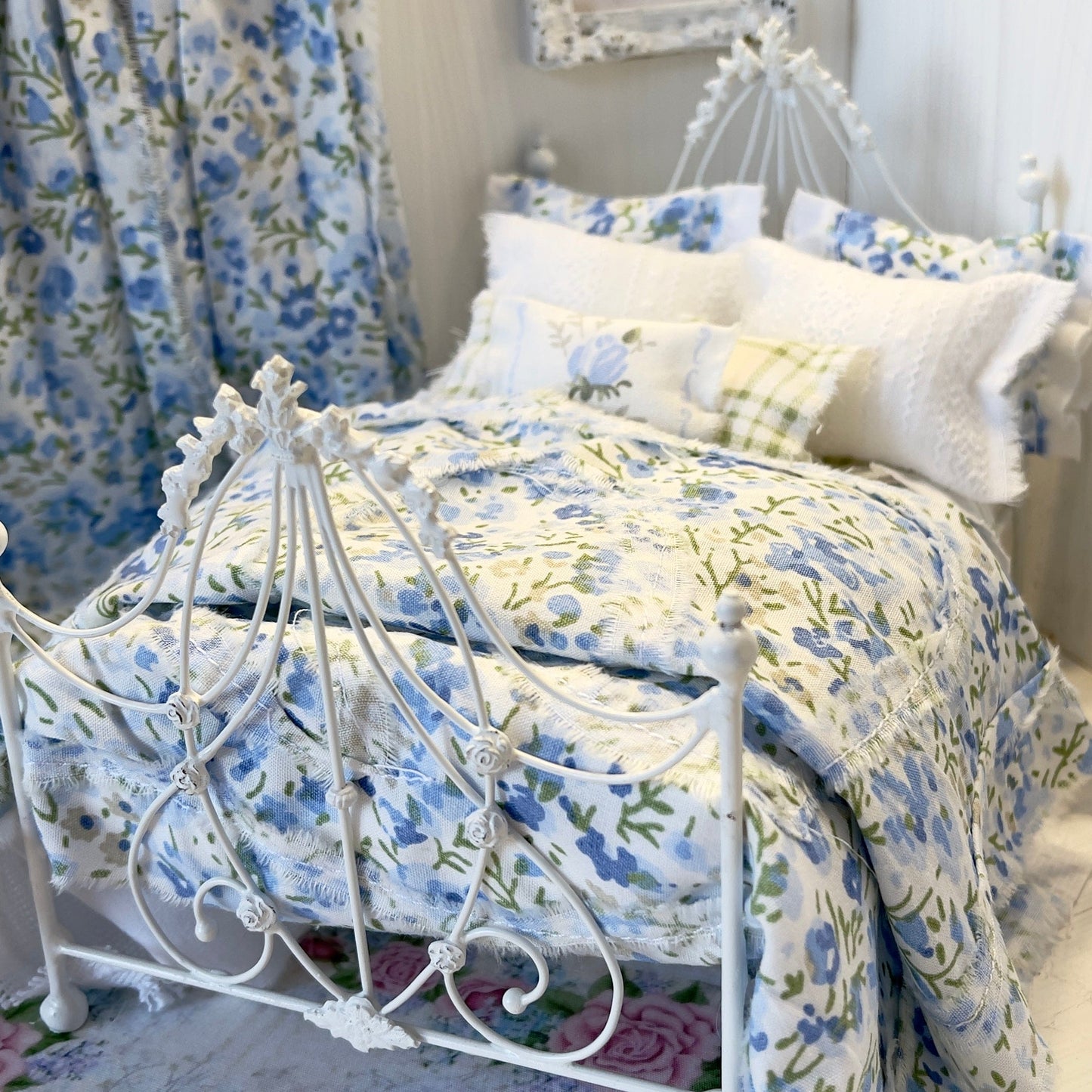 Chantallena Doll House Bedding SINGLE (8 inch by 8 inch) Lillian Grace| Blue Ditsy Floral and Green Check Cotton Bedding Set