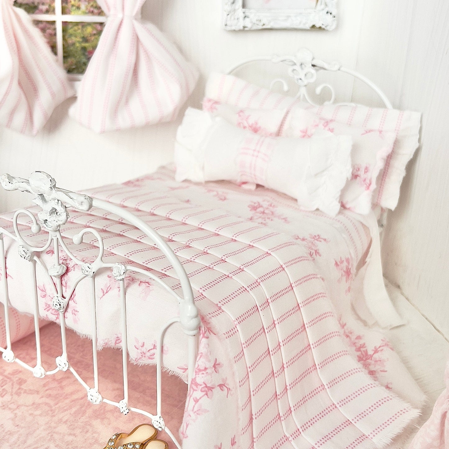 Chantallena Doll House Bedding SINGLE (8 inch by 8 inch) Lillian Grace| Pink and White Stripe and Pink Toile Cotton Bedding Set