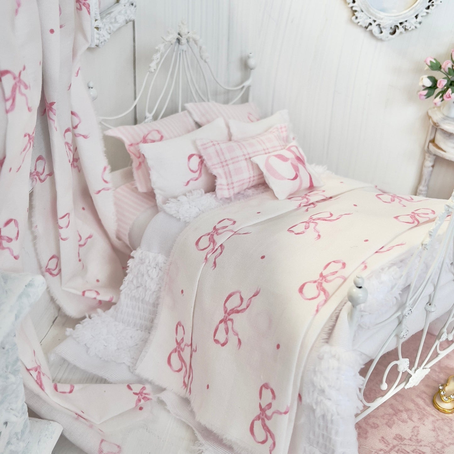 Chantallena Doll House Bedding SINGLE (8 inch by 8 inch) Lillian Grace| Pink Bow and Pink Stripe Cotton Bedding Set