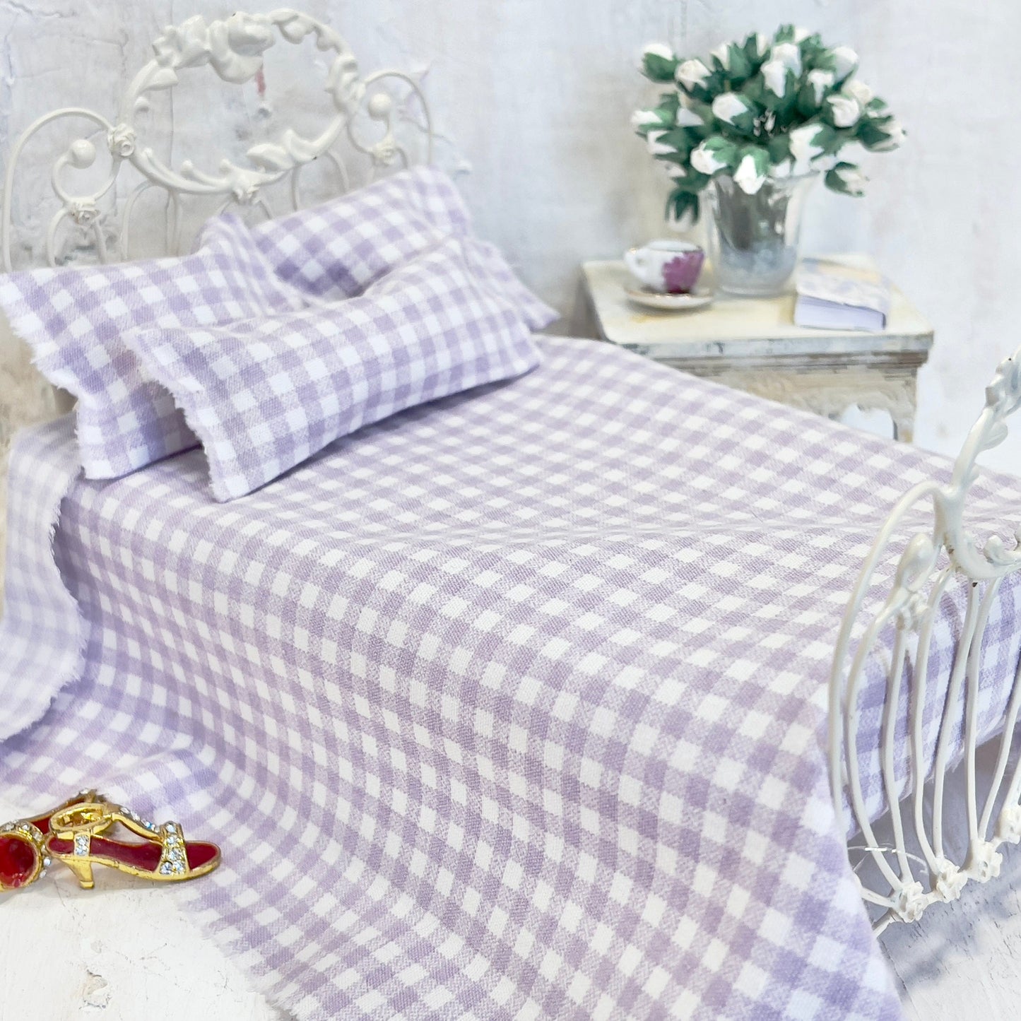 Chantallena Doll House Bedding SINGLE (8 inch by 8 inch) Simply Lena | Five Piece Lavender and White Gingham Cotton Bedding Set |