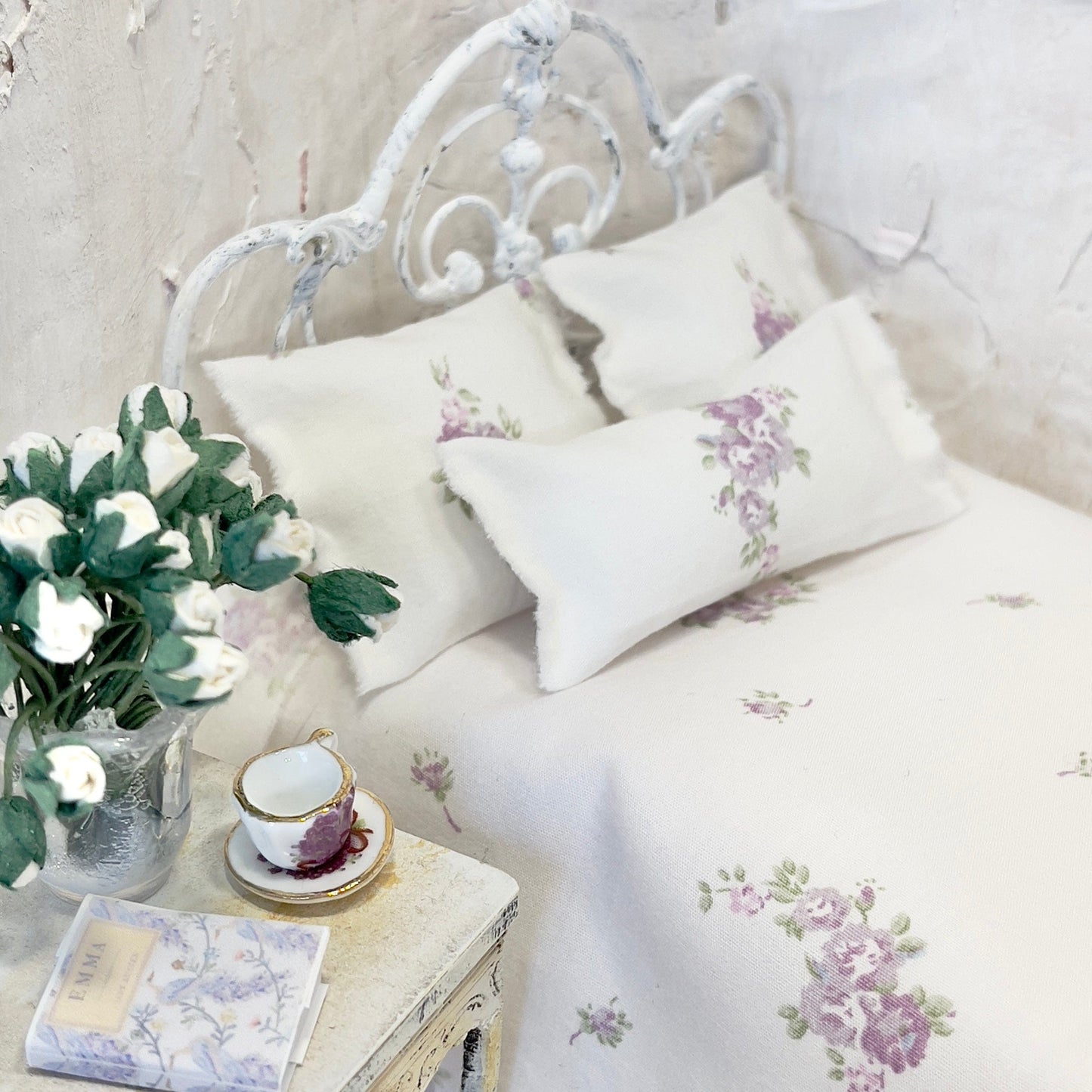 Chantallena Doll House Bedding SINGLE (8 inch by 8 inch) Simply Lena | Five Piece Lavender Roses on White Cotton Bedding Set |