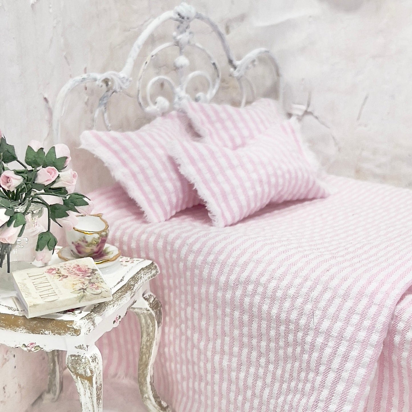 Chantallena Doll House Bedding SINGLE (8 inch by 8 inch) Simply Lena | Five Piece Pink and White Seersucker Cotton Bedding Set |