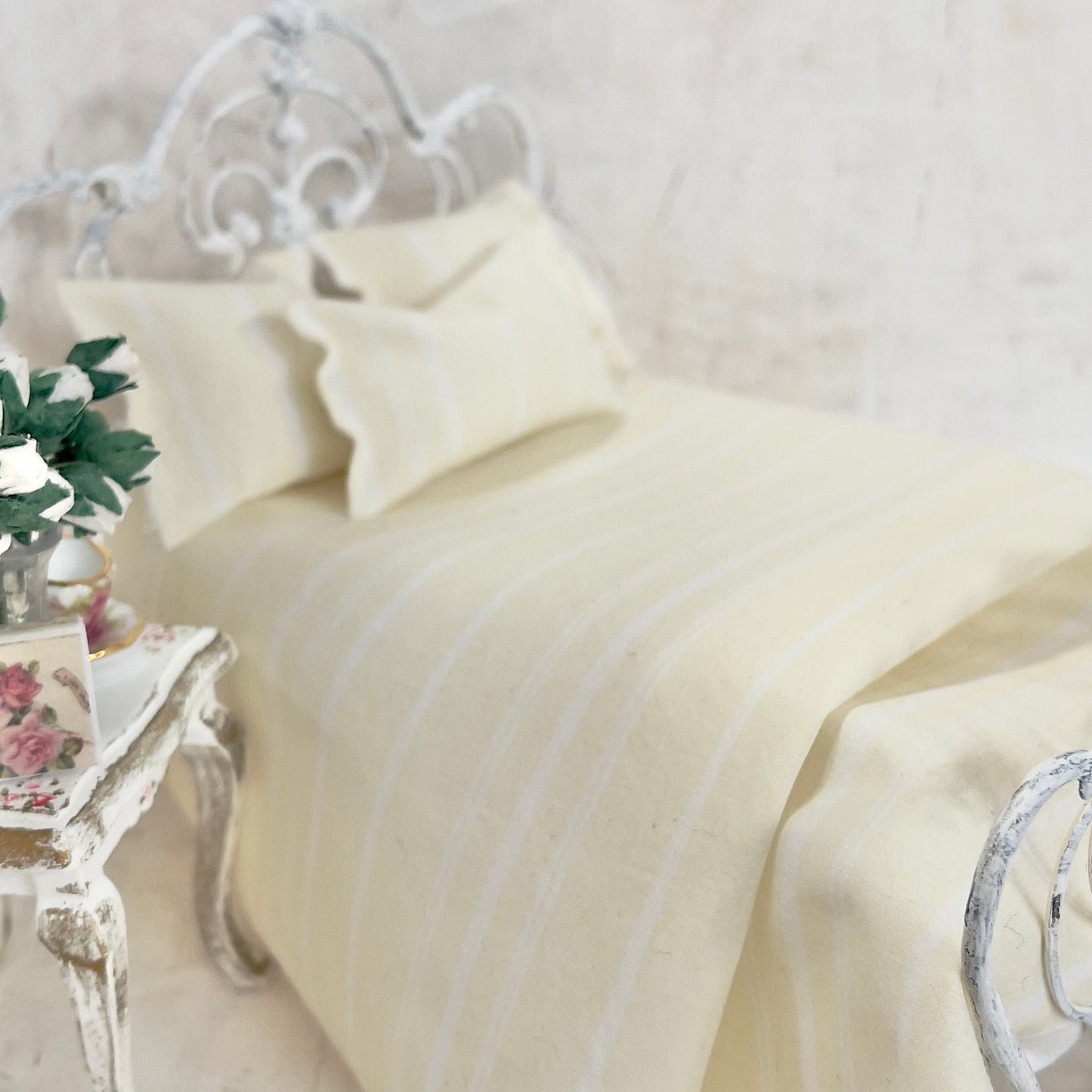 Chantallena Doll House Bedding SINGLE (8 inch by 8 inch) Simply Lena | Five Piece Shabby Yellow and White Striped Cotton Bedding Set |