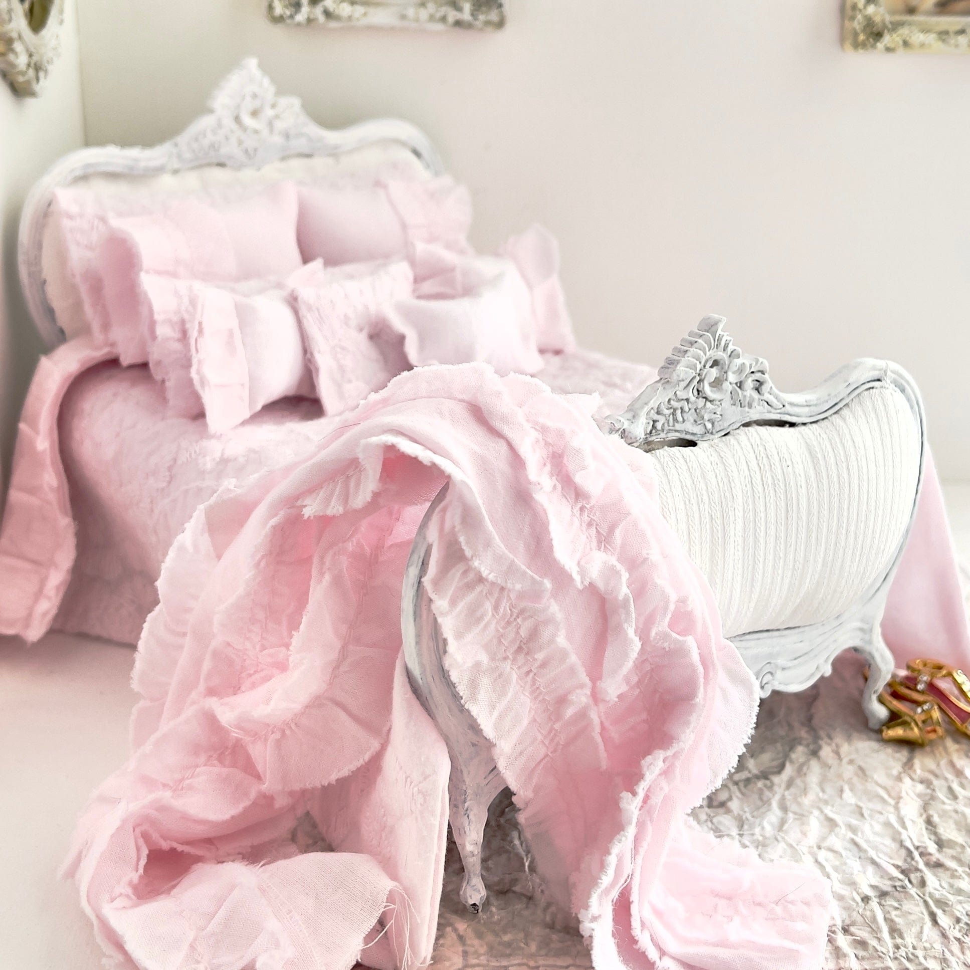 Chantallena Doll House Bedding Single/Twin (8 in by 8 in) Shabby Cottage | Pink Cotton Embroidered Set with Pink Ruffles | Pink Embroidered