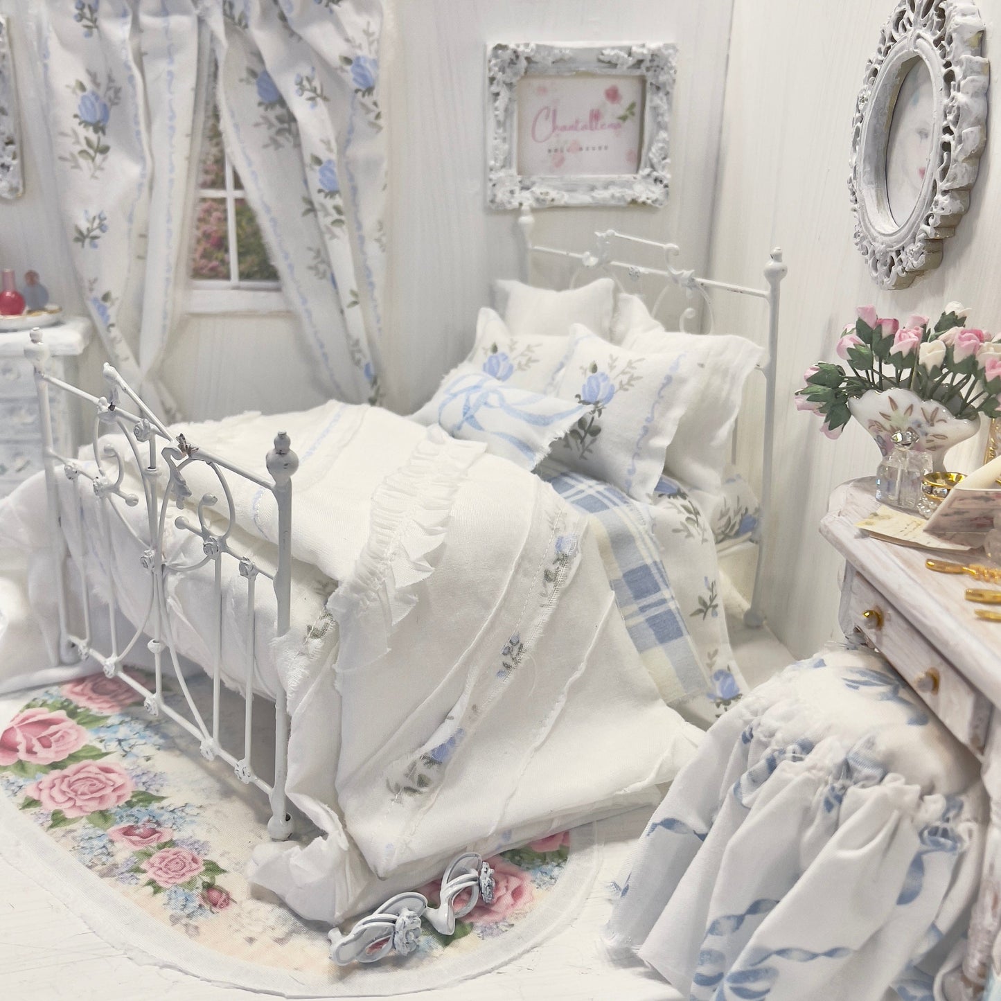 Chantallena Doll House Bedding Single with 2 Panel Blue Roses Trellis Curtain for $40.00 Lillian Grace| Blue Roses Trellis Cotton Bedding Set with Pin-tucked Comforter