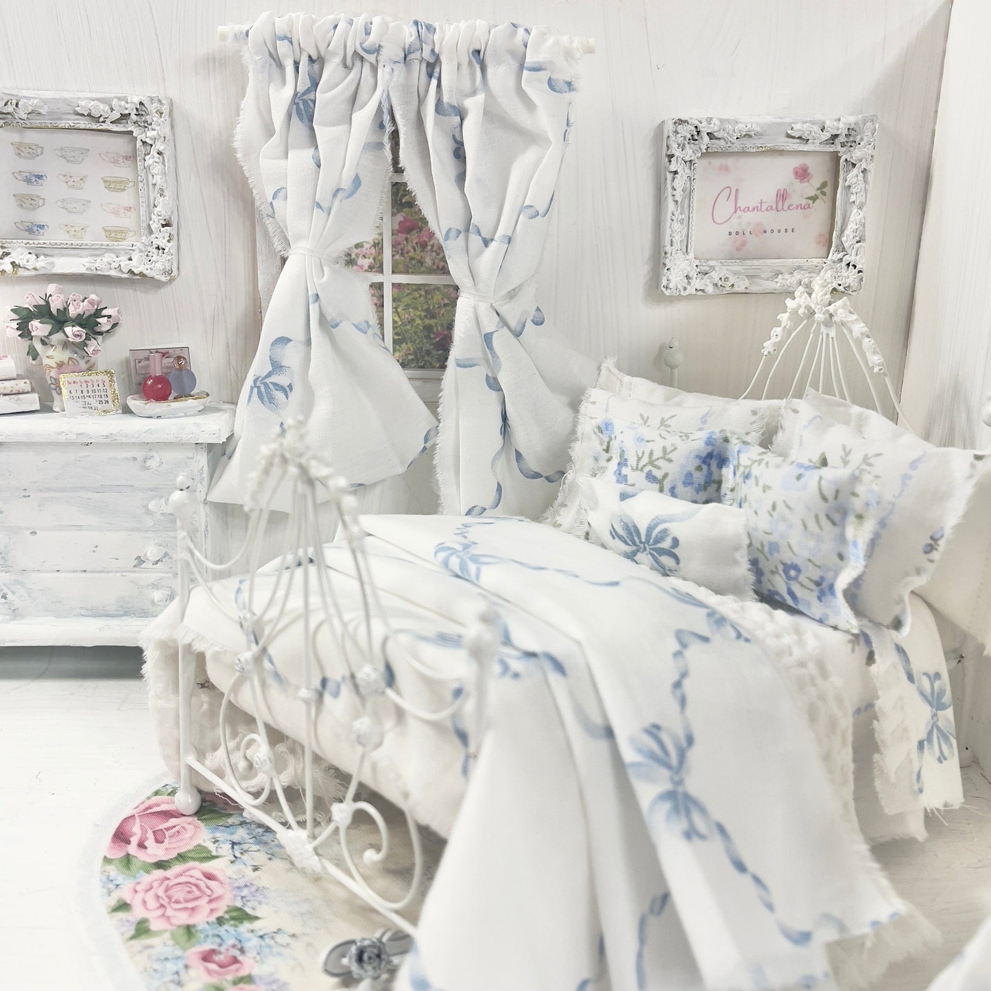 Chantallena Doll House Bedding Single with 2 Panel Bows Curtain $40.00 Lillian Grace| Blue Ribboned Bow with Blue Rose Trellis Cotton Bedding Set