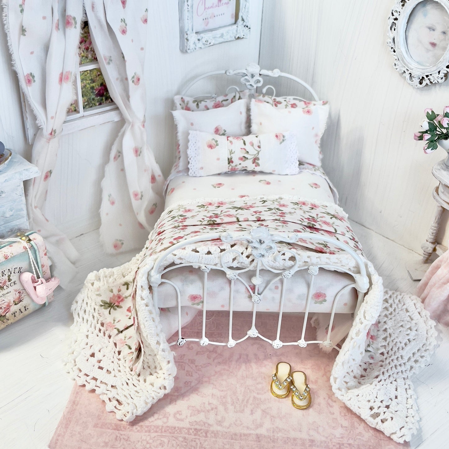 Chantallena Doll House Bedding Single with 2 Panel Pink Roses Curtain for $40.00 Lillian Grace| Pink Roses and Ditsy Pink Floral Cotton Bedding Set with Crochet Throw