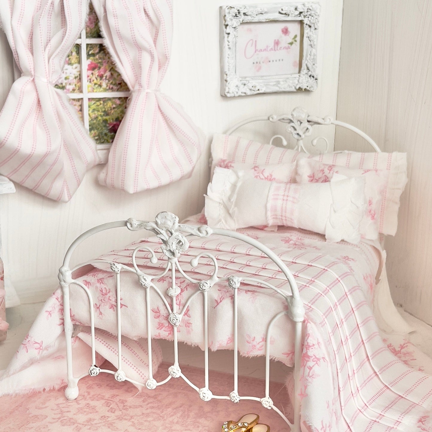 Chantallena Doll House Bedding Single with 2 Panel Striped Curtain for $40.00 Lillian Grace| Pink and White Stripe and Pink Toile Cotton Bedding Set