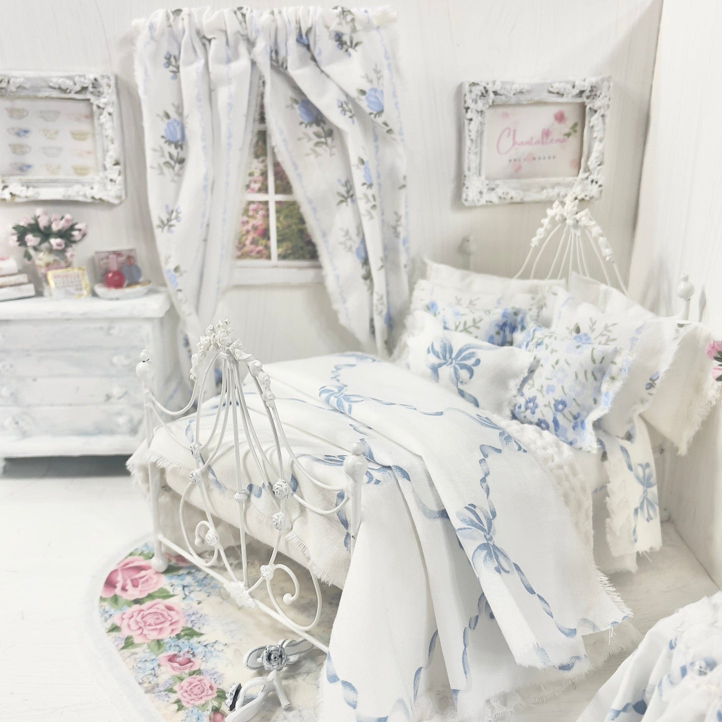 Chantallena Doll House Bedding Single with Rose Trellis 2 Panel Curtains Lillian Grace| Blue Ribboned Bow with Blue Rose Trellis Cotton Bedding Set