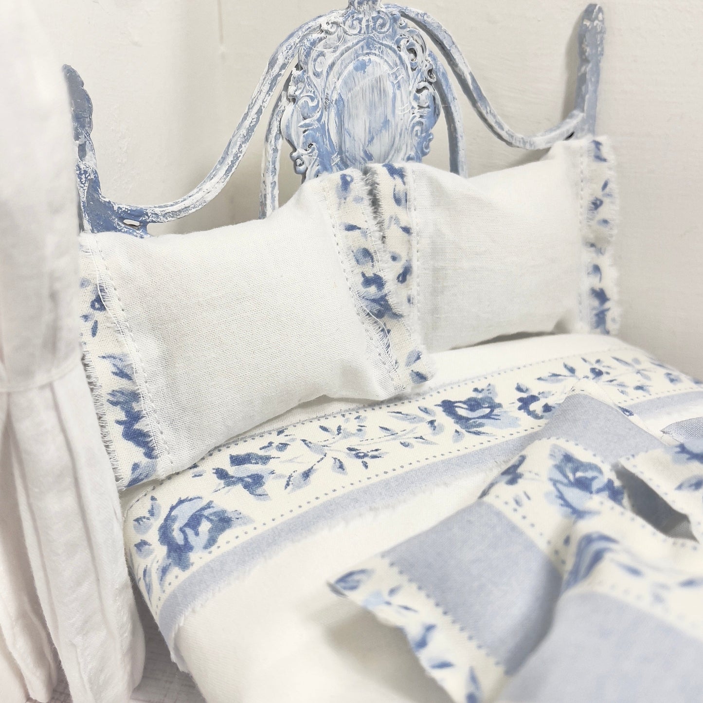 Chantallena Doll House (Copy) (Copy) (Copy) (Copy) Shabby Cottage | White Cotton 1:12 Scale Bedding Set with Pale Blue Embroidery Bed Runner | Ariel