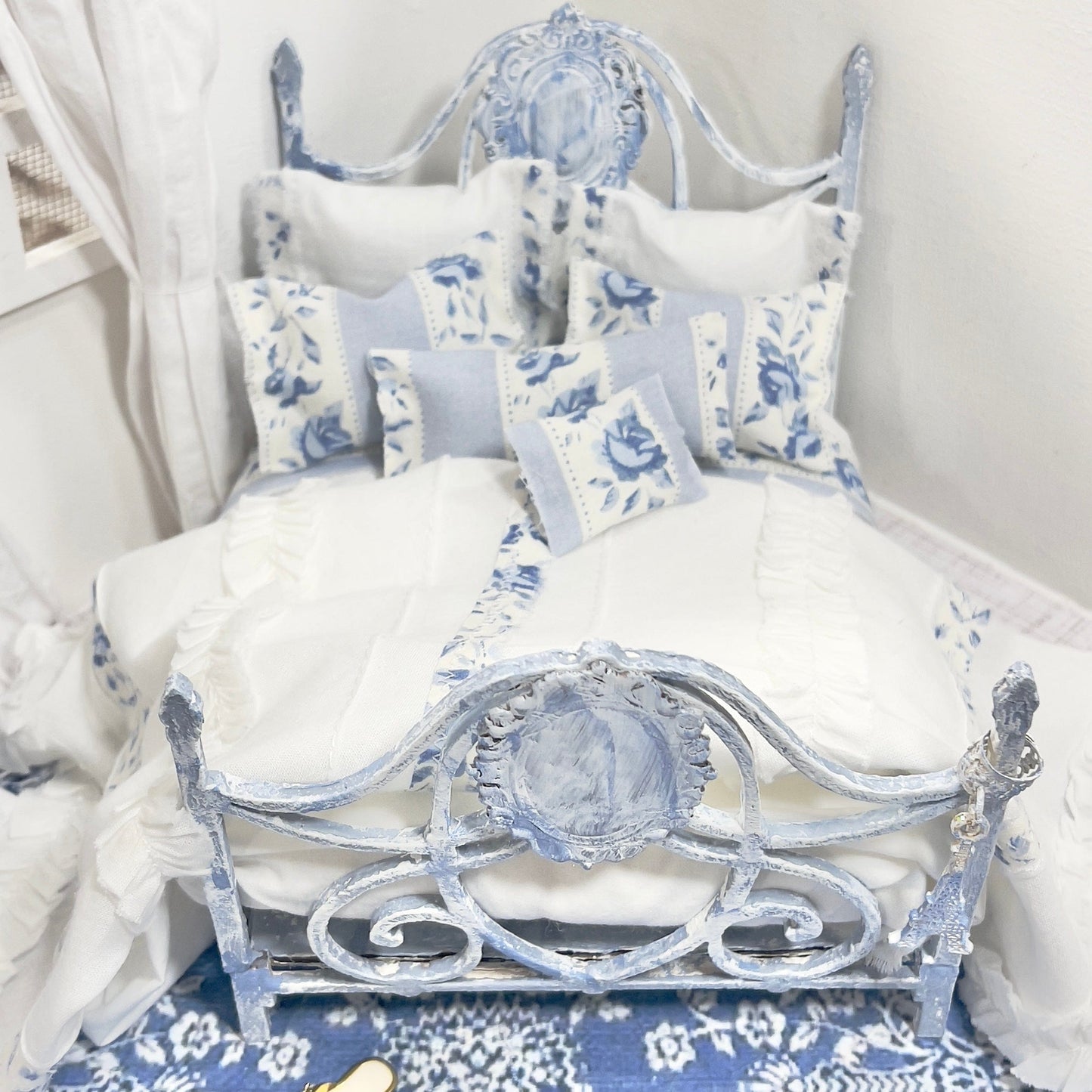 Chantallena Doll House (Copy) (Copy) (Copy) (Copy) Shabby Cottage | White Cotton 1:12 Scale Bedding Set with Pale Blue Embroidery Bed Runner | Ariel