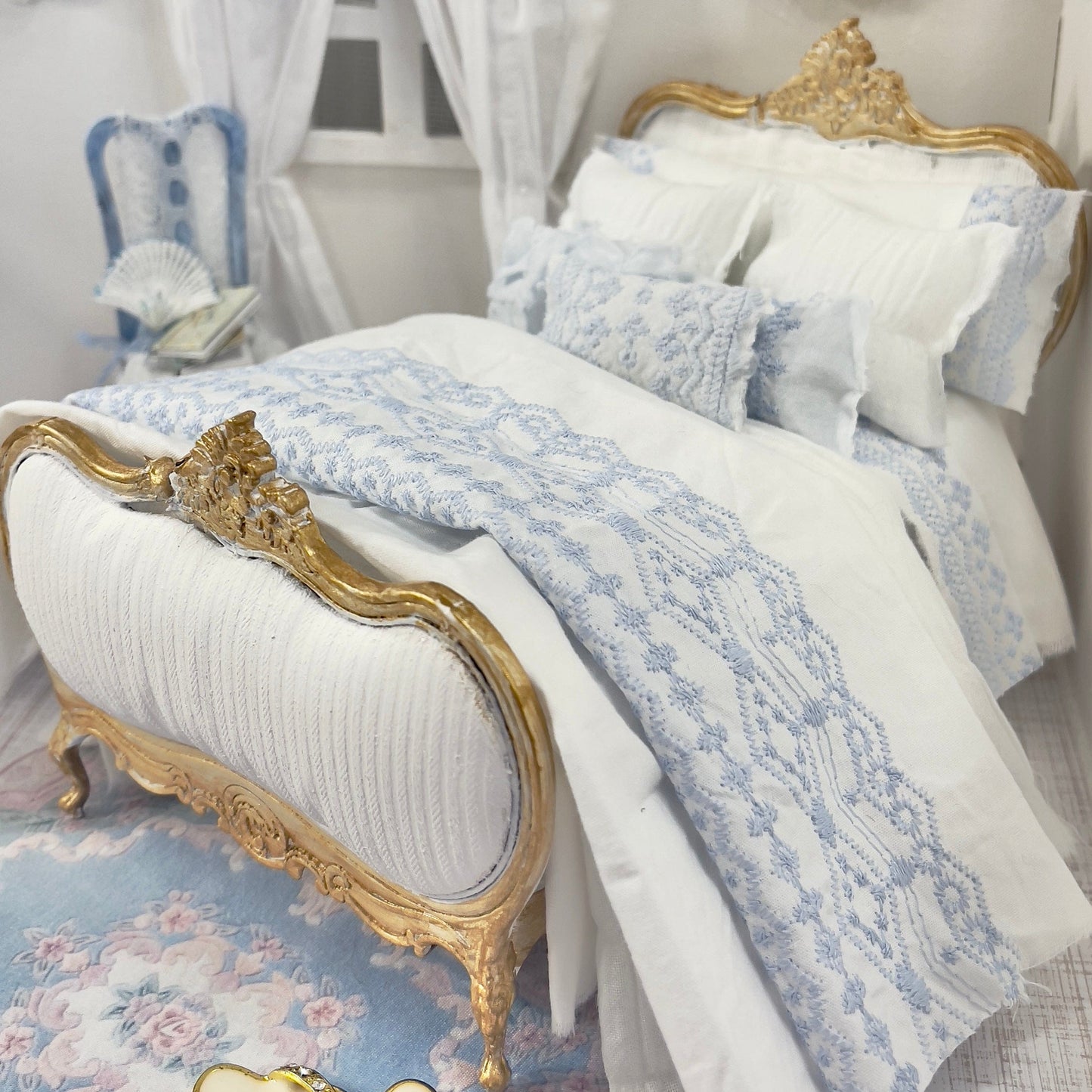 Chantallena Doll House (Copy) (Copy) Shabby Cottage | White Cotton 1:12 Scale Bedding Set with Pale Blue Embroidery Bed Runner | Ariel
