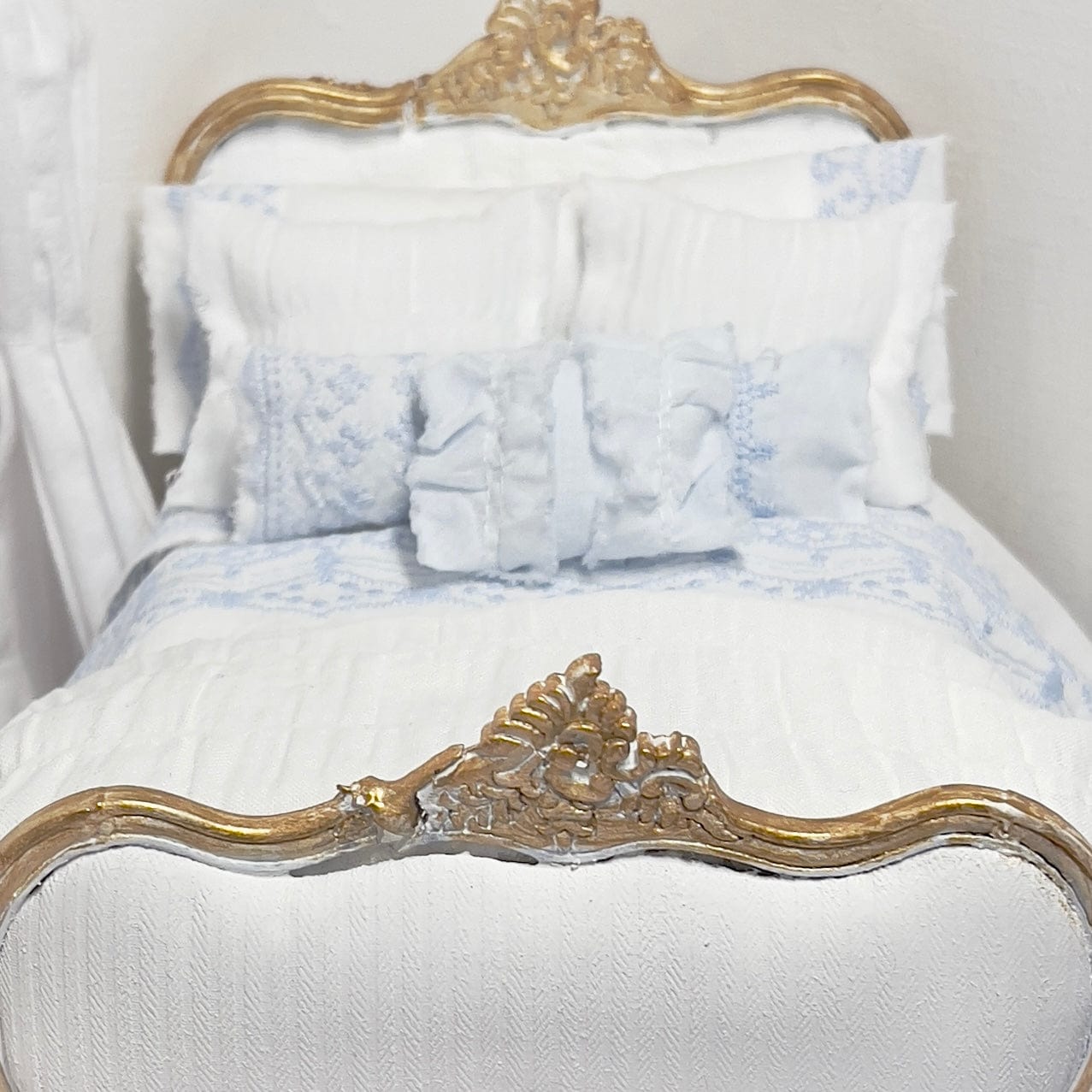 Chantallena Doll House (Copy) (Copy) Shabby Cottage | White Cotton 1:12 Scale Bedding Set with Pale Blue Embroidery Bed Runner | Ariel