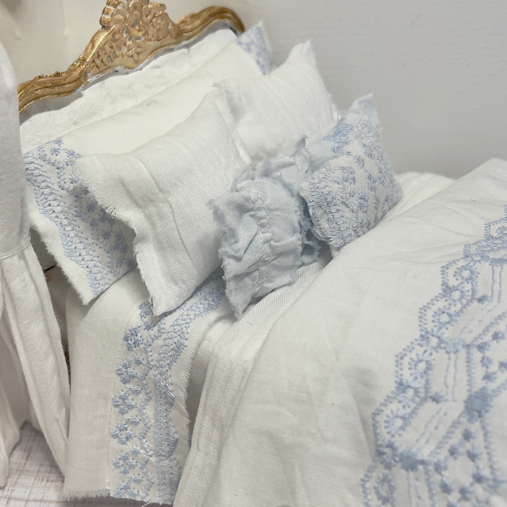 Chantallena Doll House (Copy) (Copy) Shabby Cottage | White Cotton 1:12 Scale Bedding Set with Pale Blue Embroidery Bed Runner | Ariel