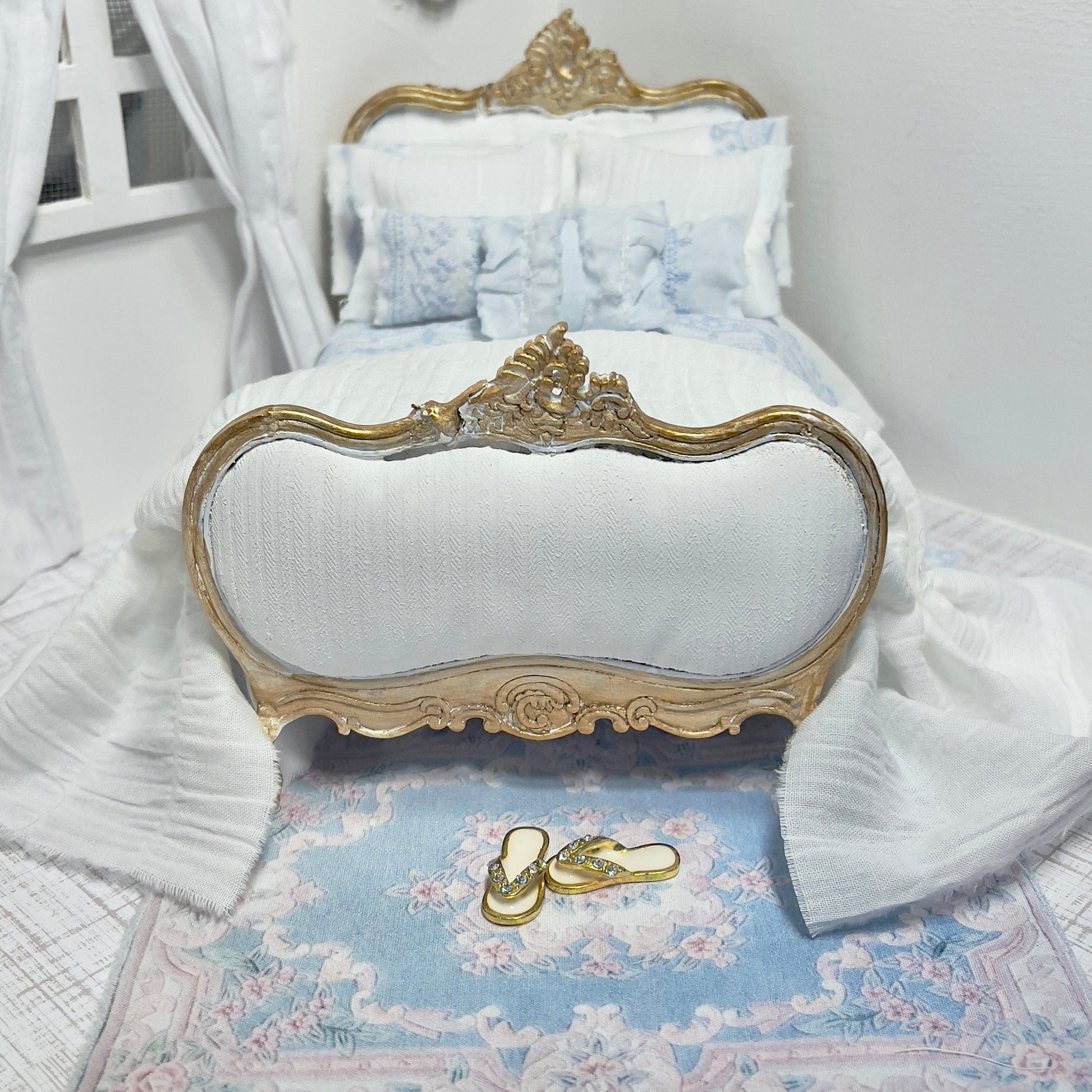 Chantallena Doll House (Copy) (Copy) Shabby Cottage | White Cotton 1:12 Scale Bedding Set with Pale Blue Embroidery Bed Runner | Ariel