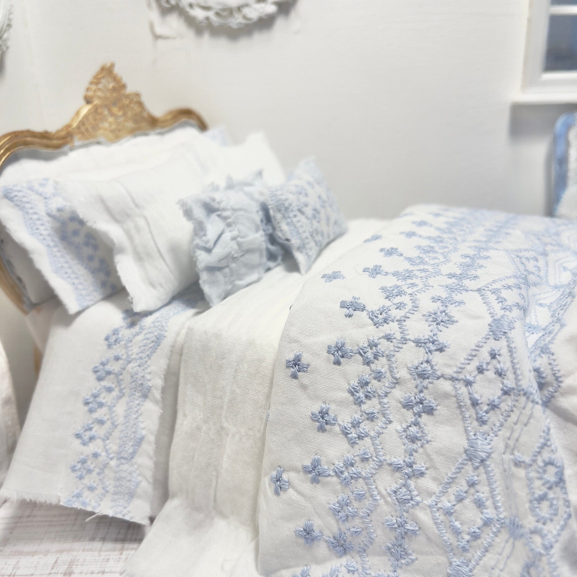 Chantallena Doll House (Copy) (Copy) Shabby Cottage | White Cotton 1:12 Scale Bedding Set with Pale Blue Embroidery Bed Runner | Ariel