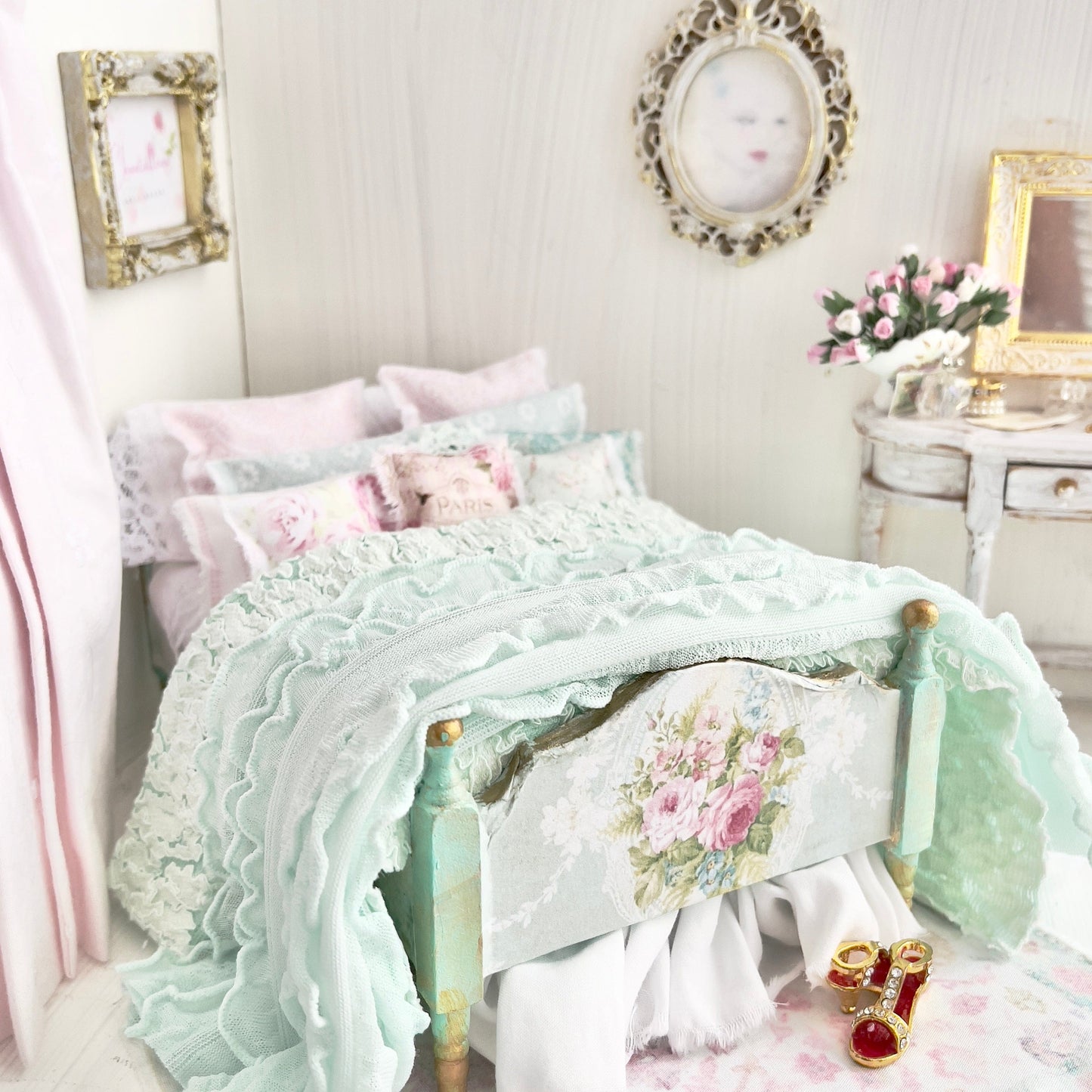 Chantallena Doll House (Copy) Dressed 1:12 Scale Bed | Decoupaged with Vintage Chenille Bedspreads|Chenille Whispers