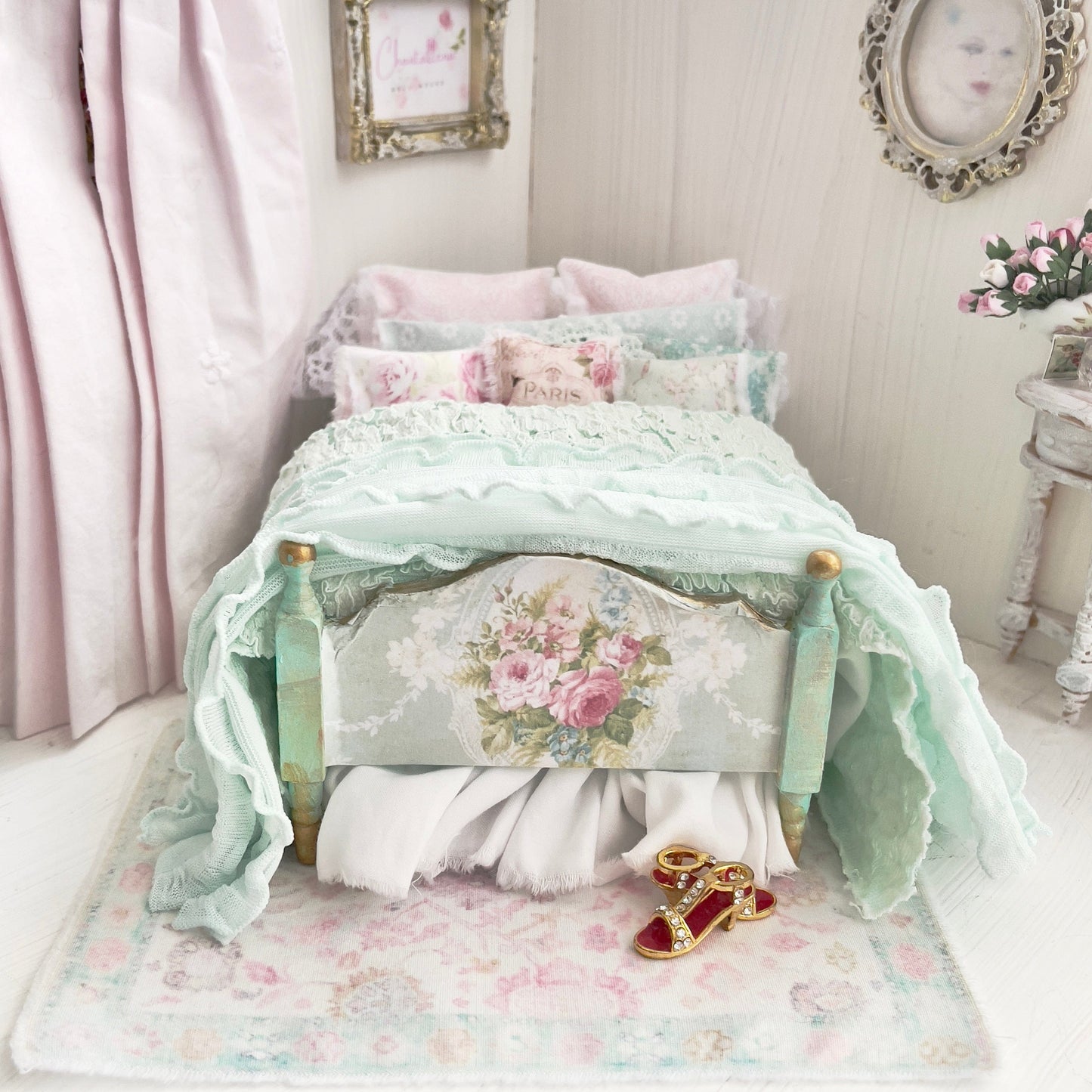 Chantallena Doll House (Copy) Dressed 1:12 Scale Bed | Decoupaged with Vintage Chenille Bedspreads|Chenille Whispers