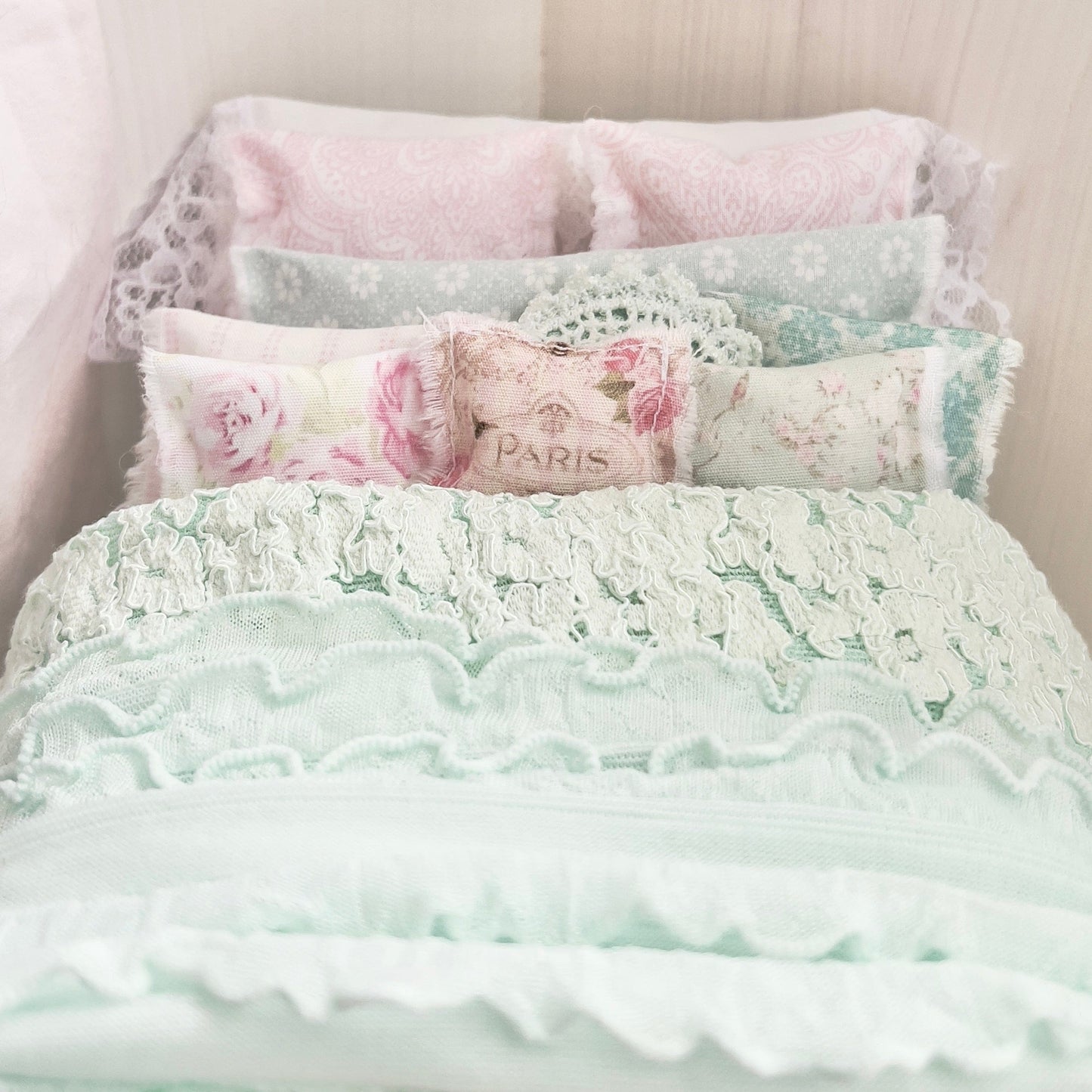 Chantallena Doll House (Copy) Dressed 1:12 Scale Bed | Decoupaged with Vintage Chenille Bedspreads|Chenille Whispers