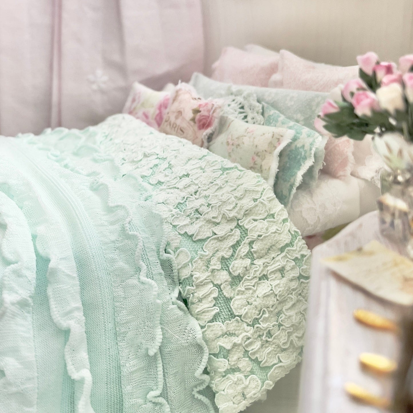 Chantallena Doll House (Copy) Dressed 1:12 Scale Bed | Decoupaged with Vintage Chenille Bedspreads|Chenille Whispers