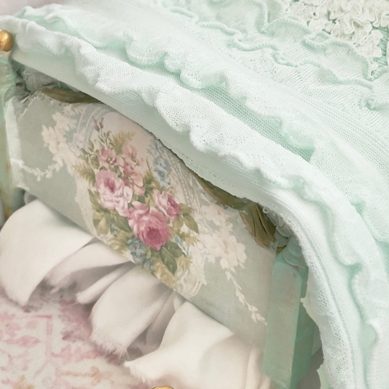Chantallena Doll House (Copy) Dressed 1:12 Scale Bed | Decoupaged with Vintage Chenille Bedspreads|Chenille Whispers