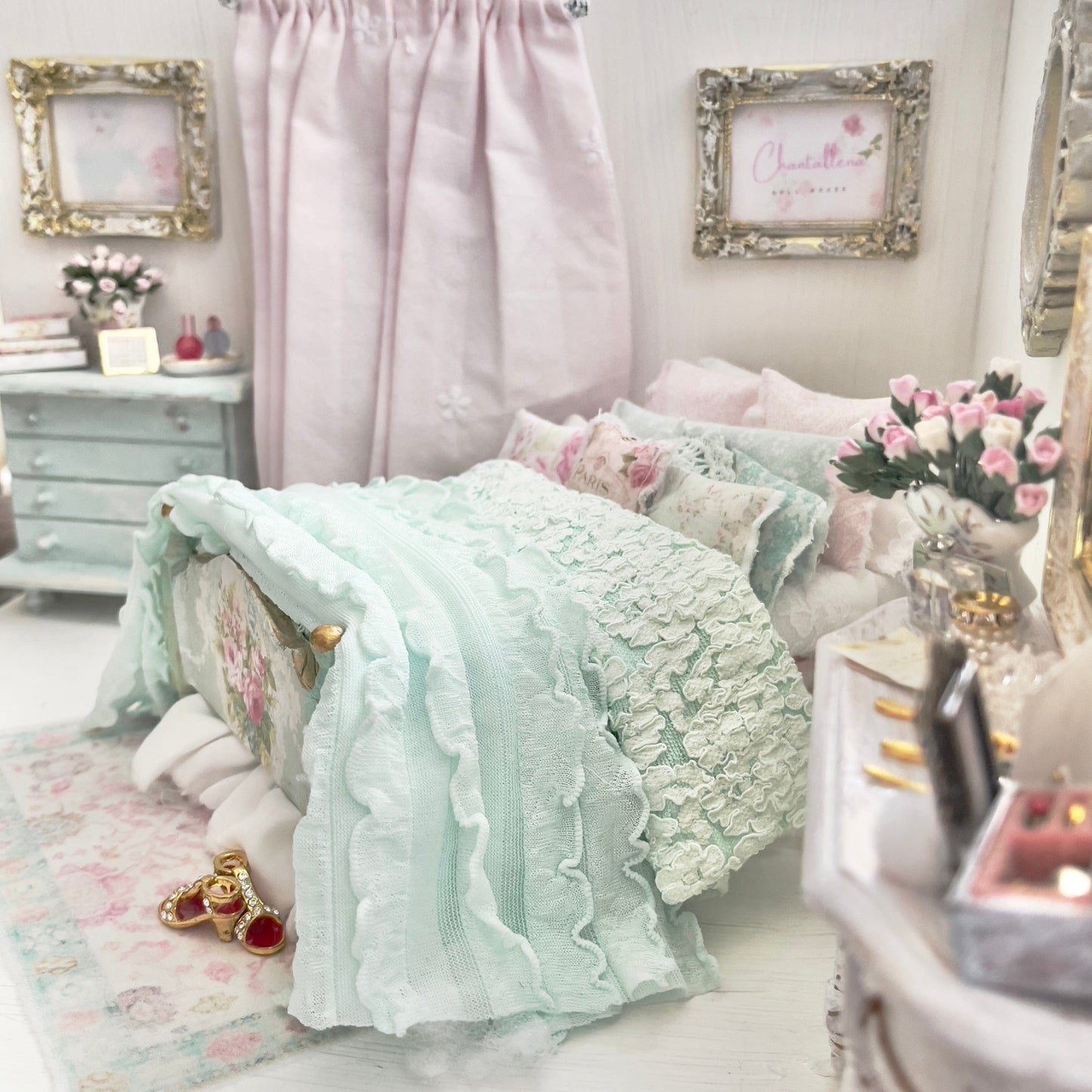 Chantallena Doll House (Copy) Dressed 1:12 Scale Bed | Decoupaged with Vintage Chenille Bedspreads|Chenille Whispers