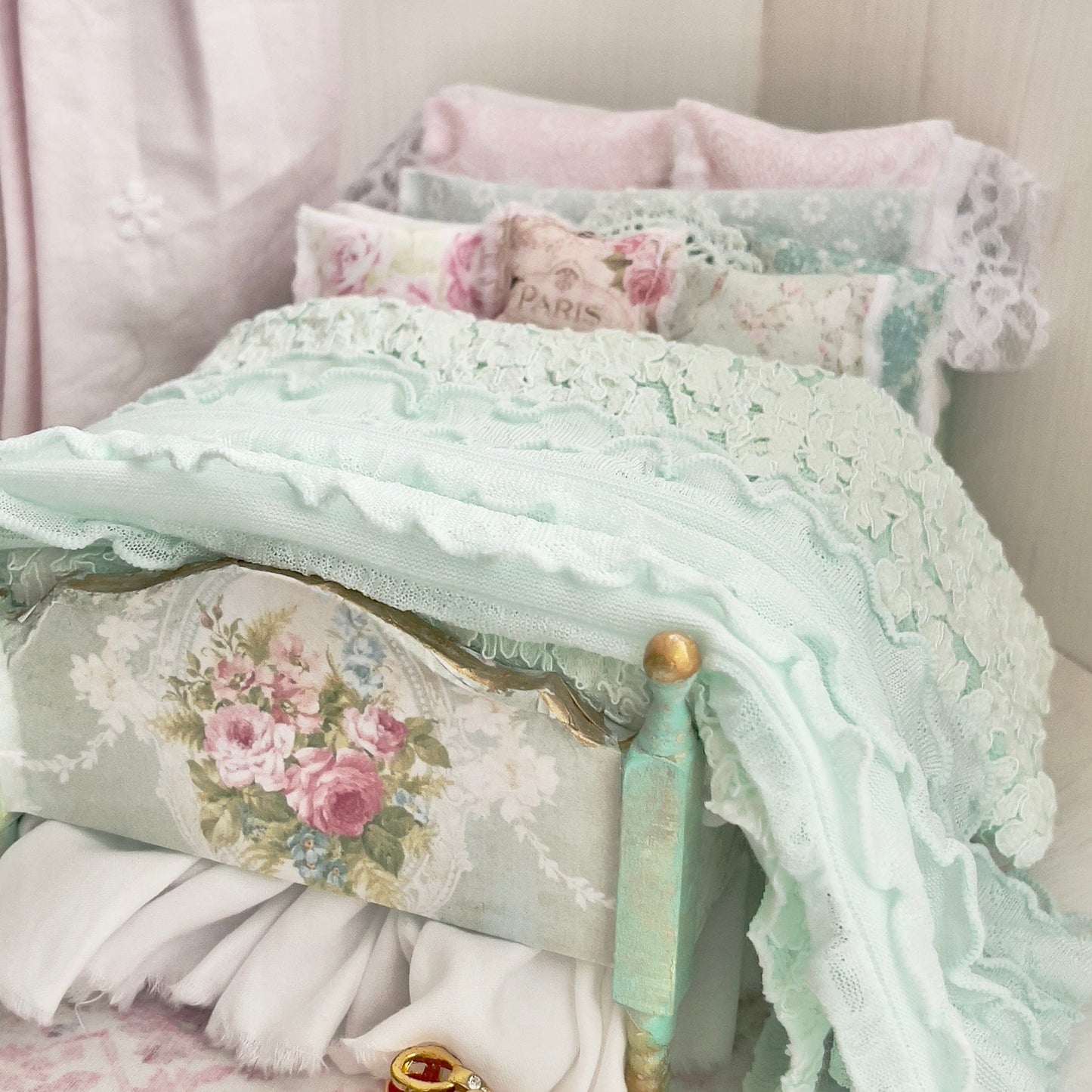 Chantallena Doll House (Copy) Dressed 1:12 Scale Bed | Decoupaged with Vintage Chenille Bedspreads|Chenille Whispers