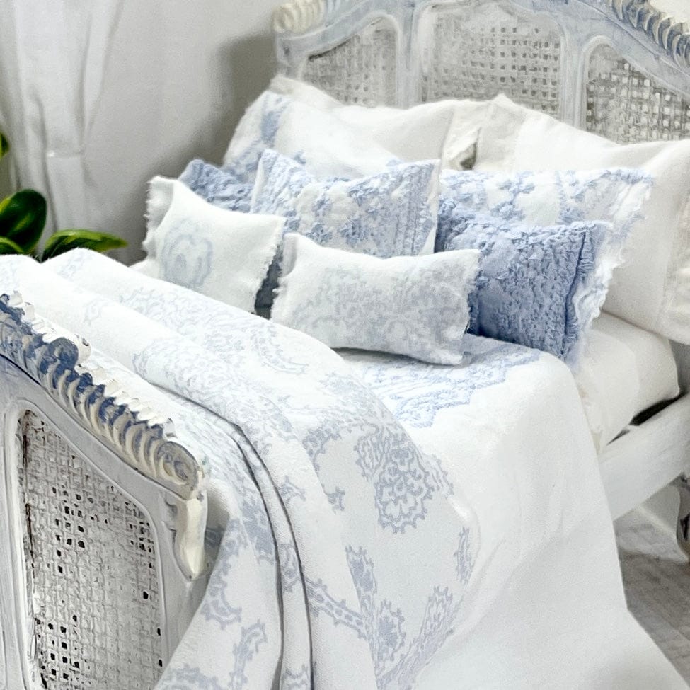 Chantallena Doll House (Copy) Shabby Cottage | White Cotton 1:12 Scale Bedding Set with Pale Blue Embroidery Bed Runner | Ariel