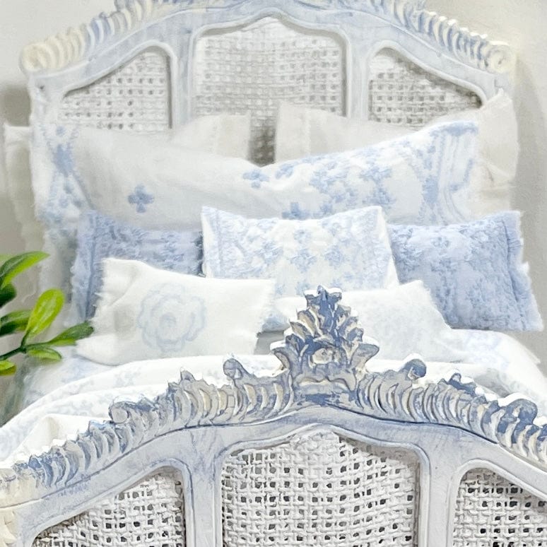 Chantallena Doll House (Copy) Shabby Cottage | White Cotton 1:12 Scale Bedding Set with Pale Blue Embroidery Bed Runner | Ariel