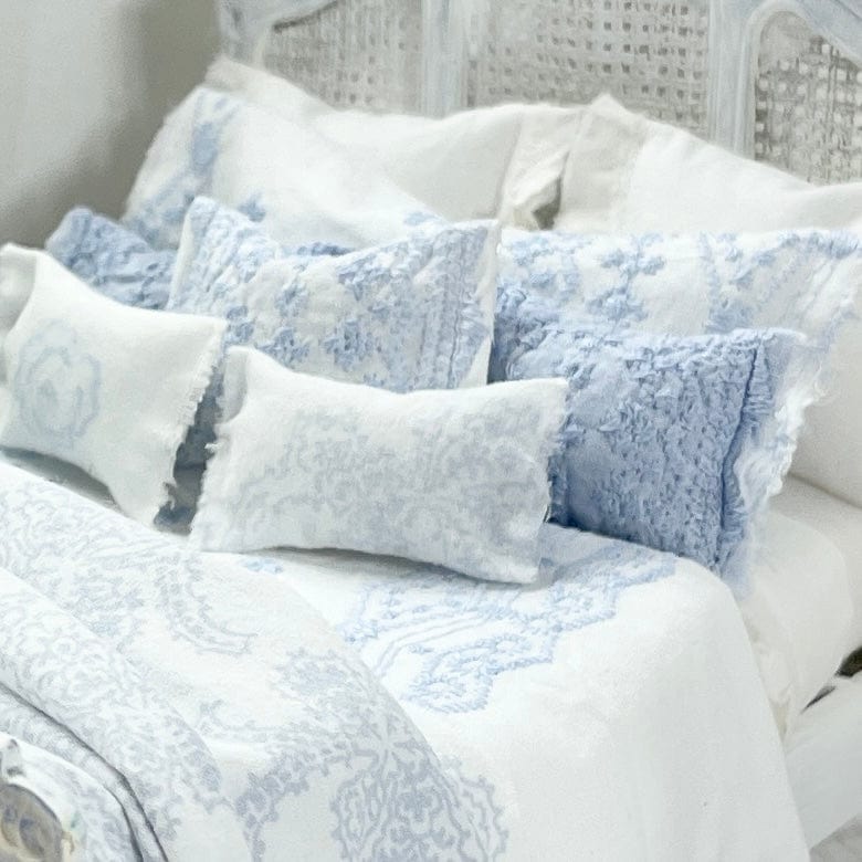 Chantallena Doll House (Copy) Shabby Cottage | White Cotton 1:12 Scale Bedding Set with Pale Blue Embroidery Bed Runner | Ariel