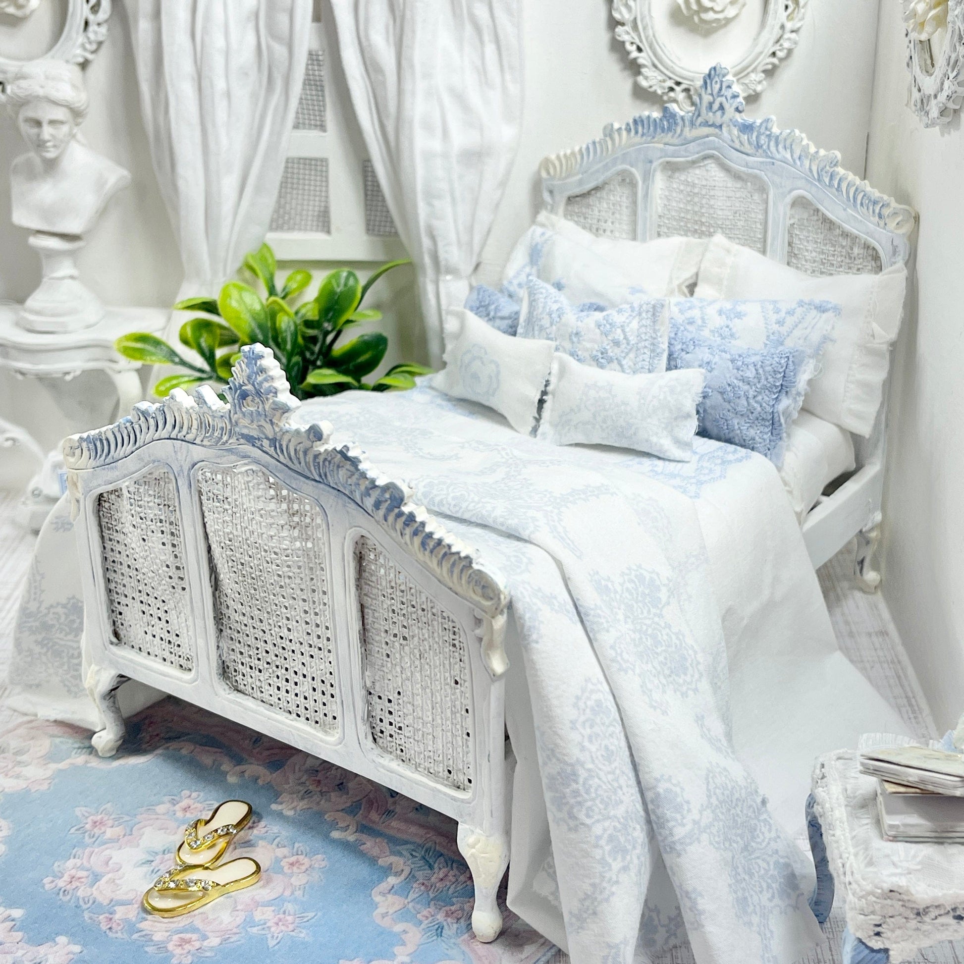 Chantallena Doll House (Copy) Shabby Cottage | White Cotton 1:12 Scale Bedding Set with Pale Blue Embroidery Bed Runner | Ariel