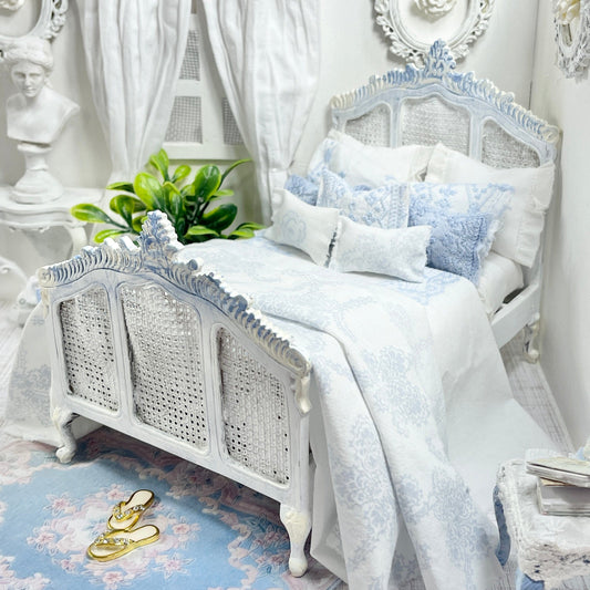 Chantallena Doll House (Copy) Shabby Cottage | White Cotton 1:12 Scale Bedding Set with Pale Blue Embroidery Bed Runner | Ariel