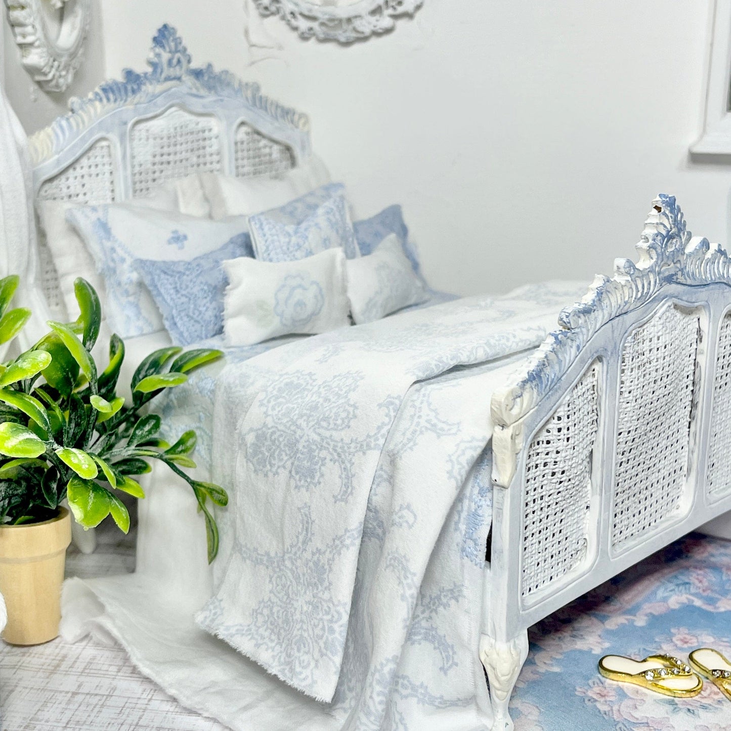 Chantallena Doll House (Copy) Shabby Cottage | White Cotton 1:12 Scale Bedding Set with Pale Blue Embroidery Bed Runner | Ariel